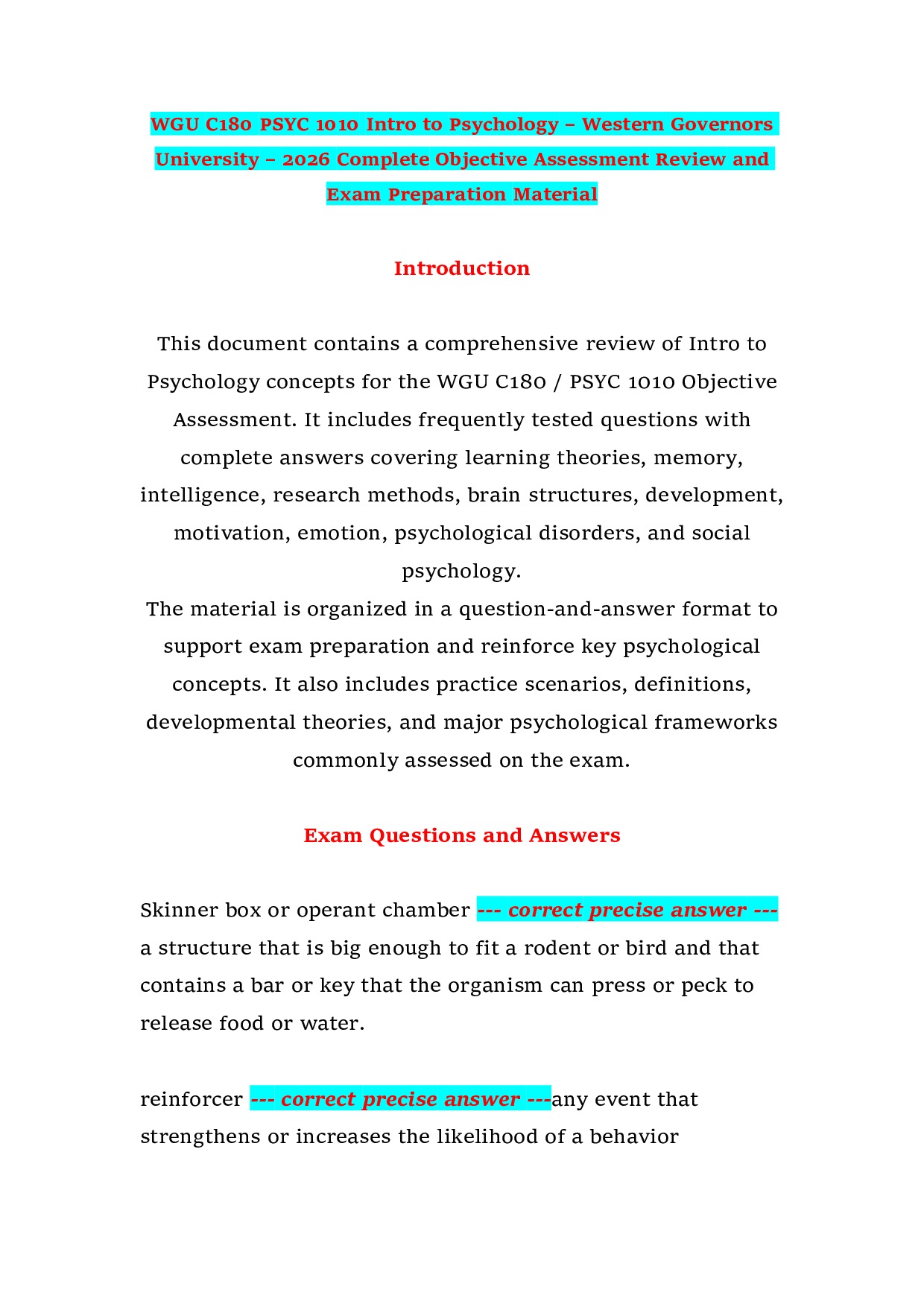 WGU C180 PSYC 1010 Intro to Psychology – Western Governors University – 2026 Complete Objective Assessment Review and Exam Preparation Material