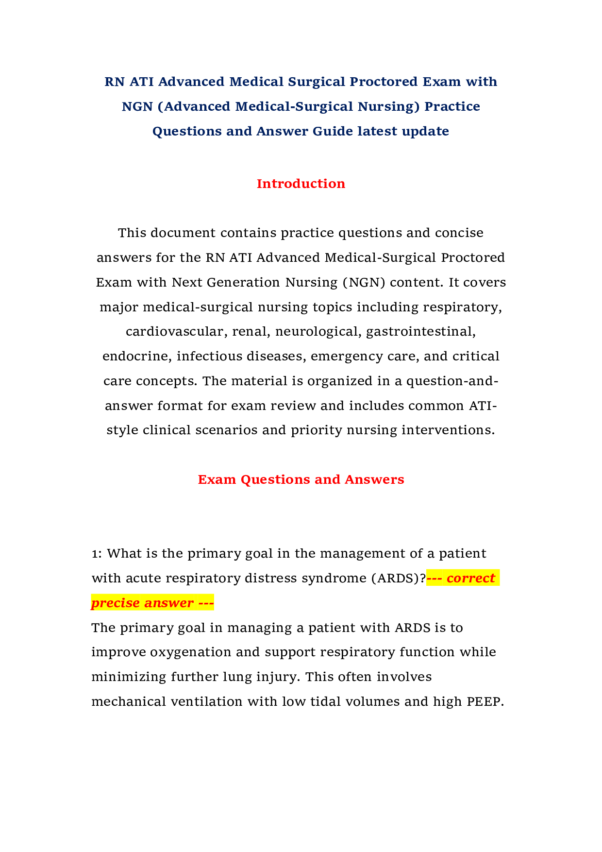 RN ATI Advanced Medical Surgical Proctored Exam with NGN (Advanced Medical-Surgical Nursing) Practice Questions and Answer Guide latest update