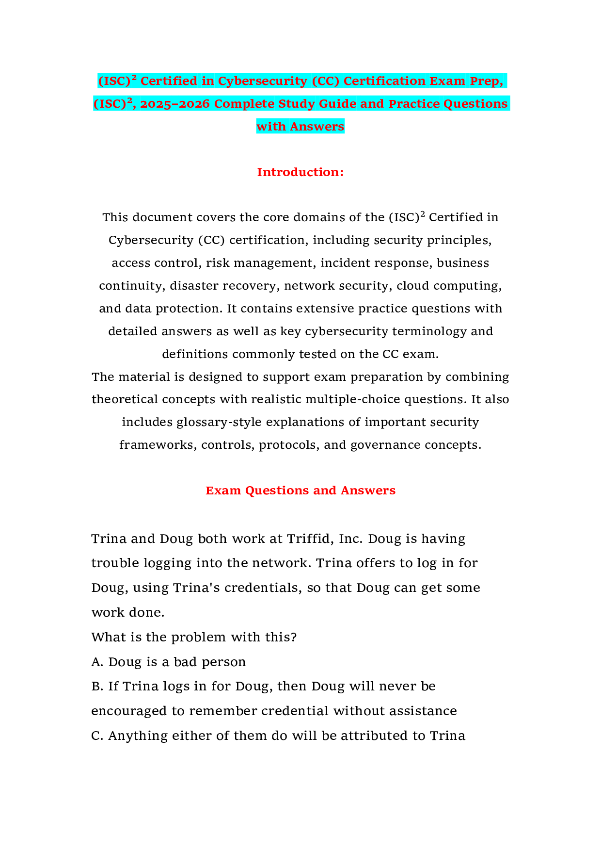 (ISC)² Certified in Cybersecurity (CC) Certification Exam Prep, (ISC)², 2025–2026 Complete Study Guide and Practice Questions with Answers