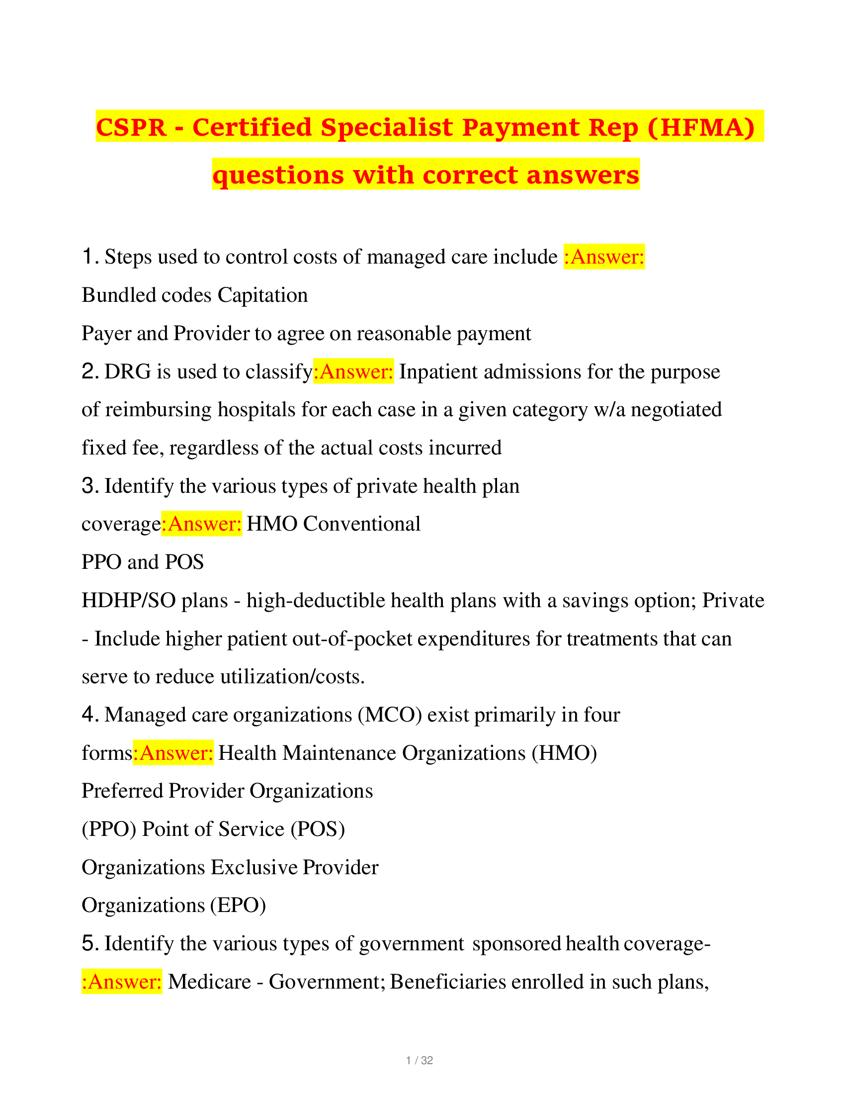CSPR - Certified Specialist Payment Rep (HFMA) questions with correct answers