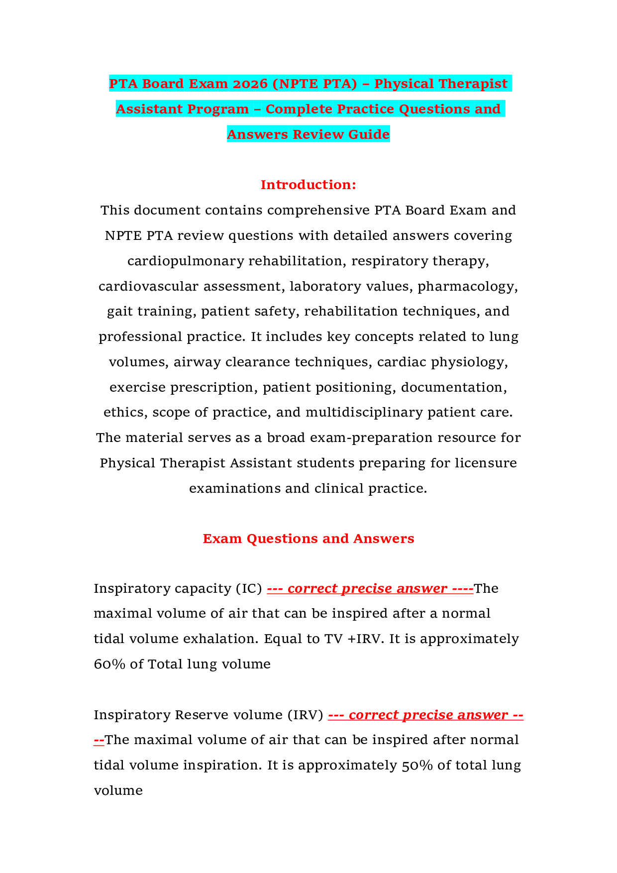 PTA Board Exam 2026 (NPTE PTA) – Physical Therapist Assistant Program – Complete Practice Questions and Answers Review Guide