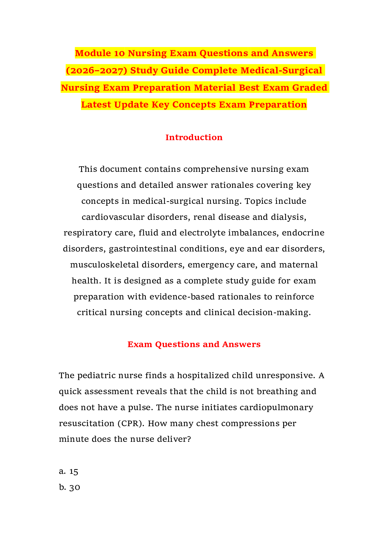 Module 10 Nursing Exam Questions and Answers (2026–2027) Study Guide Complete Medical-Surgical Nursing Exam Preparation Material Best Exam Graded Latest Update Key Concepts Exam Preparation