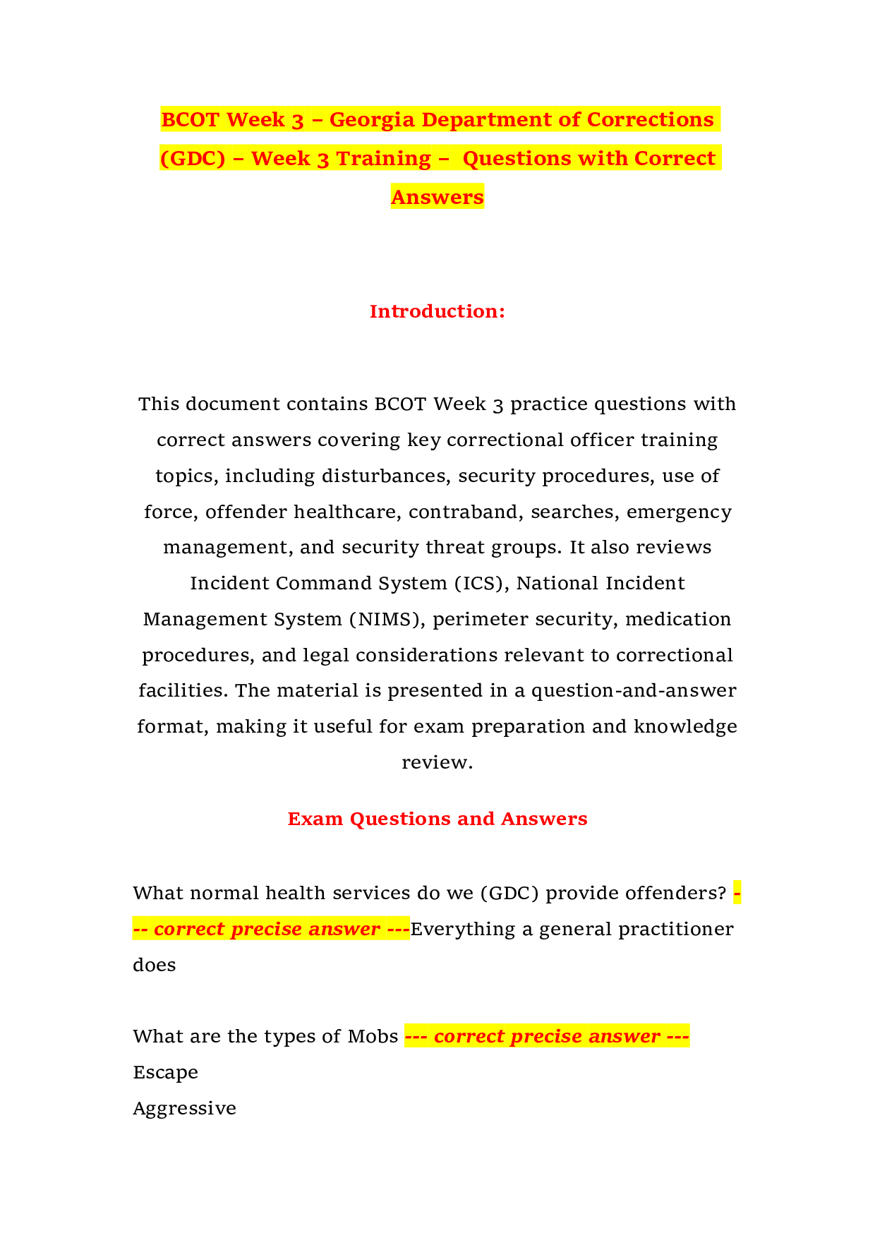 BCOT Week 3 – Georgia Department of Corrections (GDC) – Week 3 Training –  Questions with Correct Answers