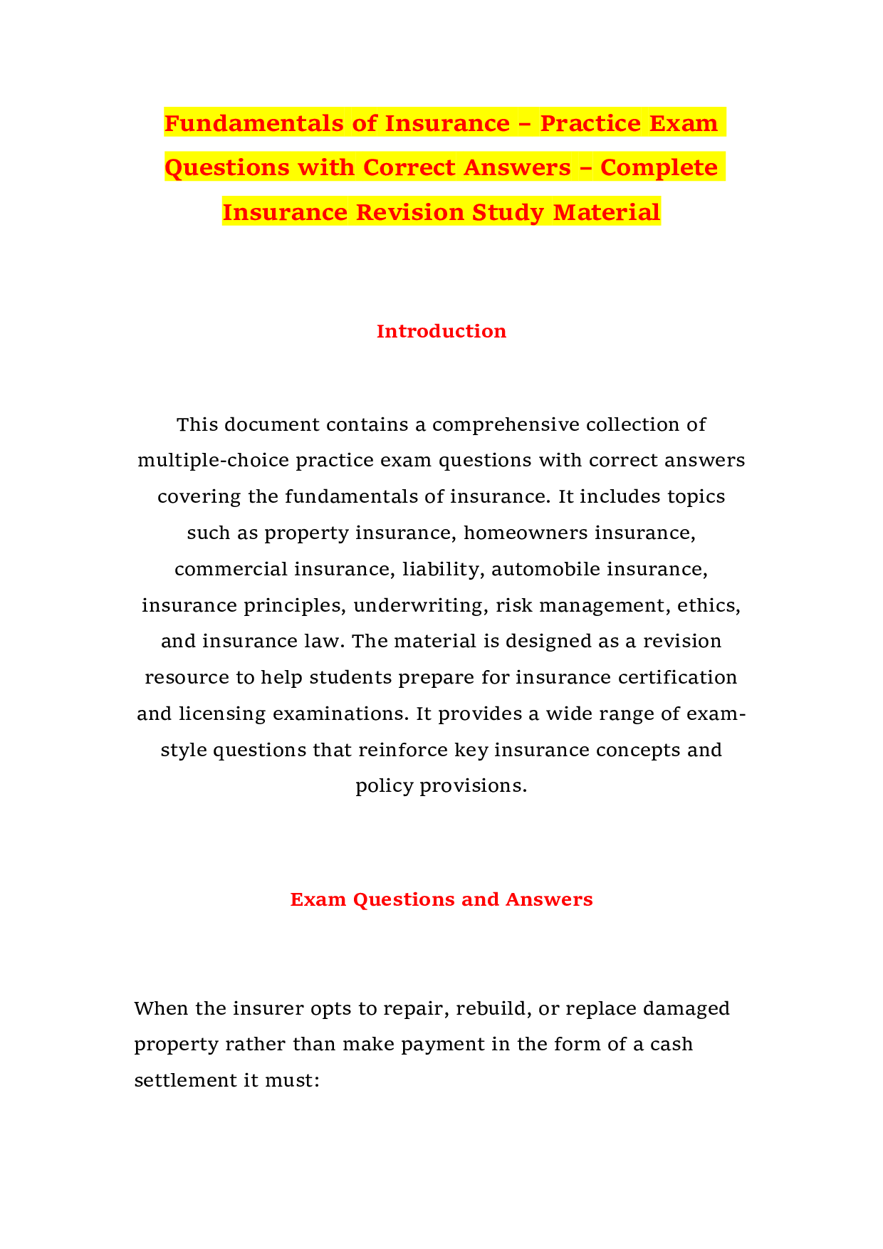 Fundamentals of Insurance – Practice Exam Questions with Correct Answers – Complete Insurance Revision Study Material