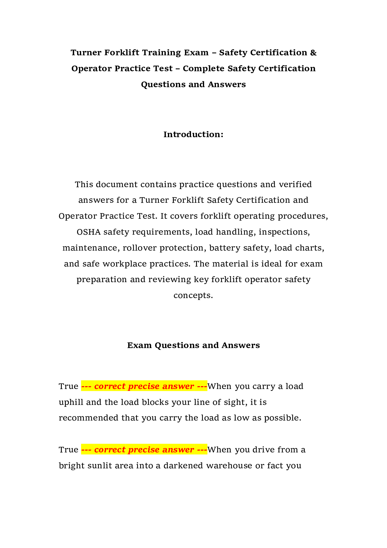 Turner Forklift Training Exam – Safety Certification & Operator Practice Test – Complete Safety Certification Questions and Answers