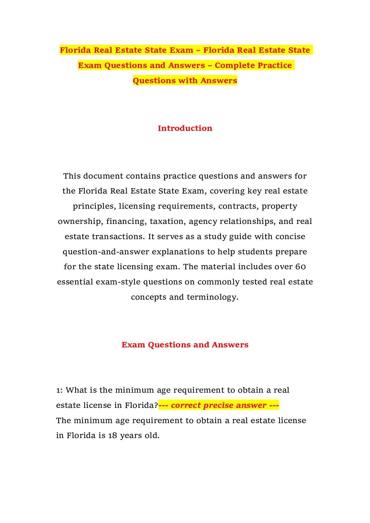 Florida Real Estate State Exam – Florida Real Estate State Exam Questions and Answers – Complete Practice Questions with Answers