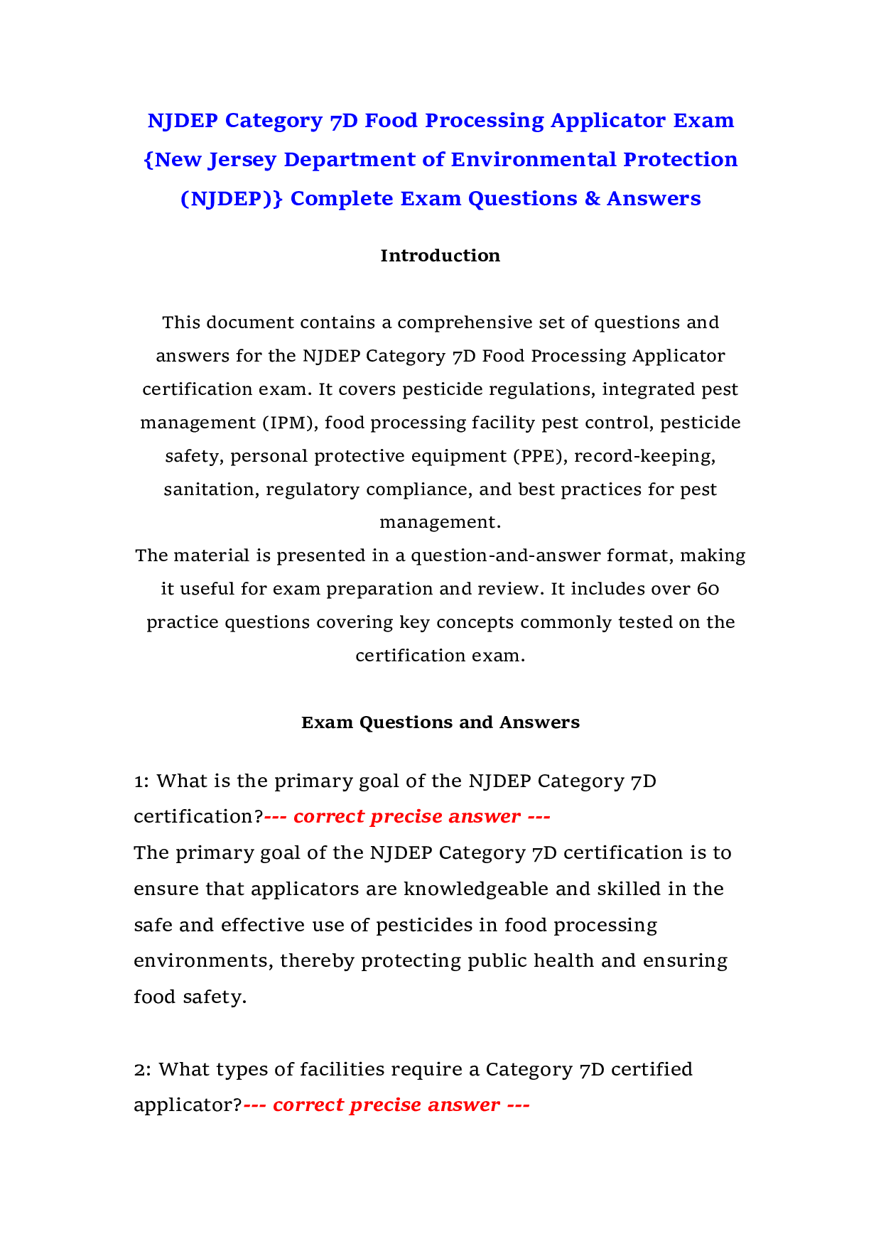 NJDEP Category 7D Food Processing Applicator Exam {New Jersey Department of Environmental Protection (NJDEP)} Complete Exam Questions & Answers