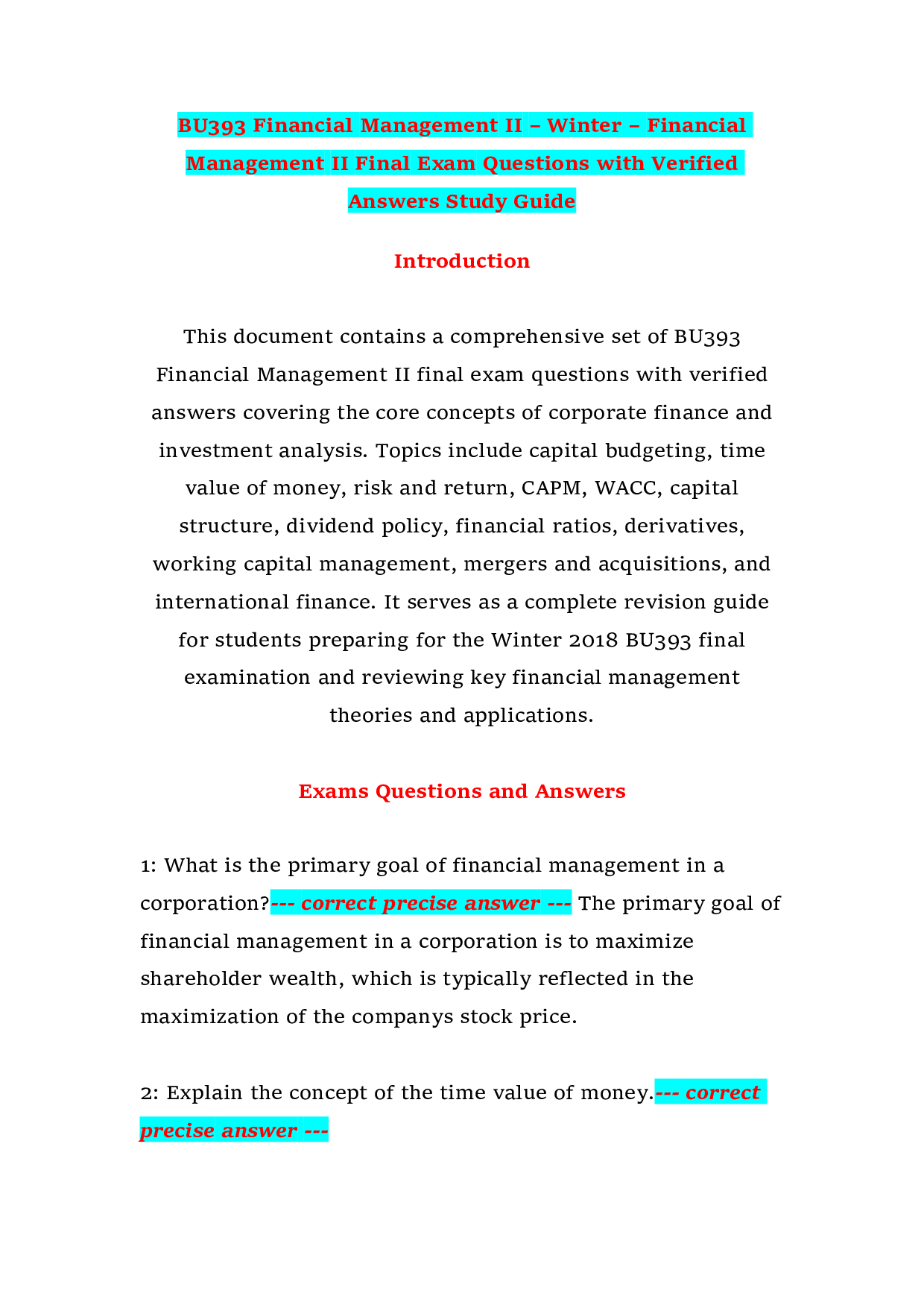 BU393 Financial Management II – Winter – Financial Management II Final Exam Questions with Verified Answers Study Guide