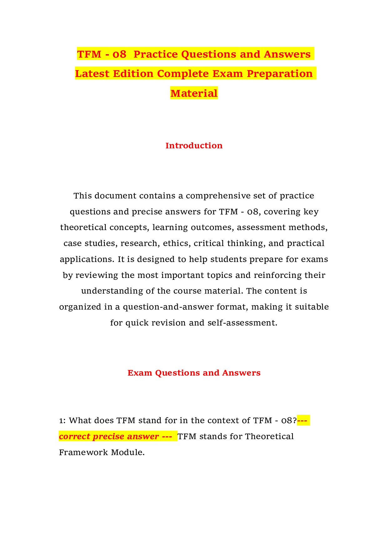 TFM - 08  Practice Questions and Answers Latest Edition Complete Exam Preparation Material
