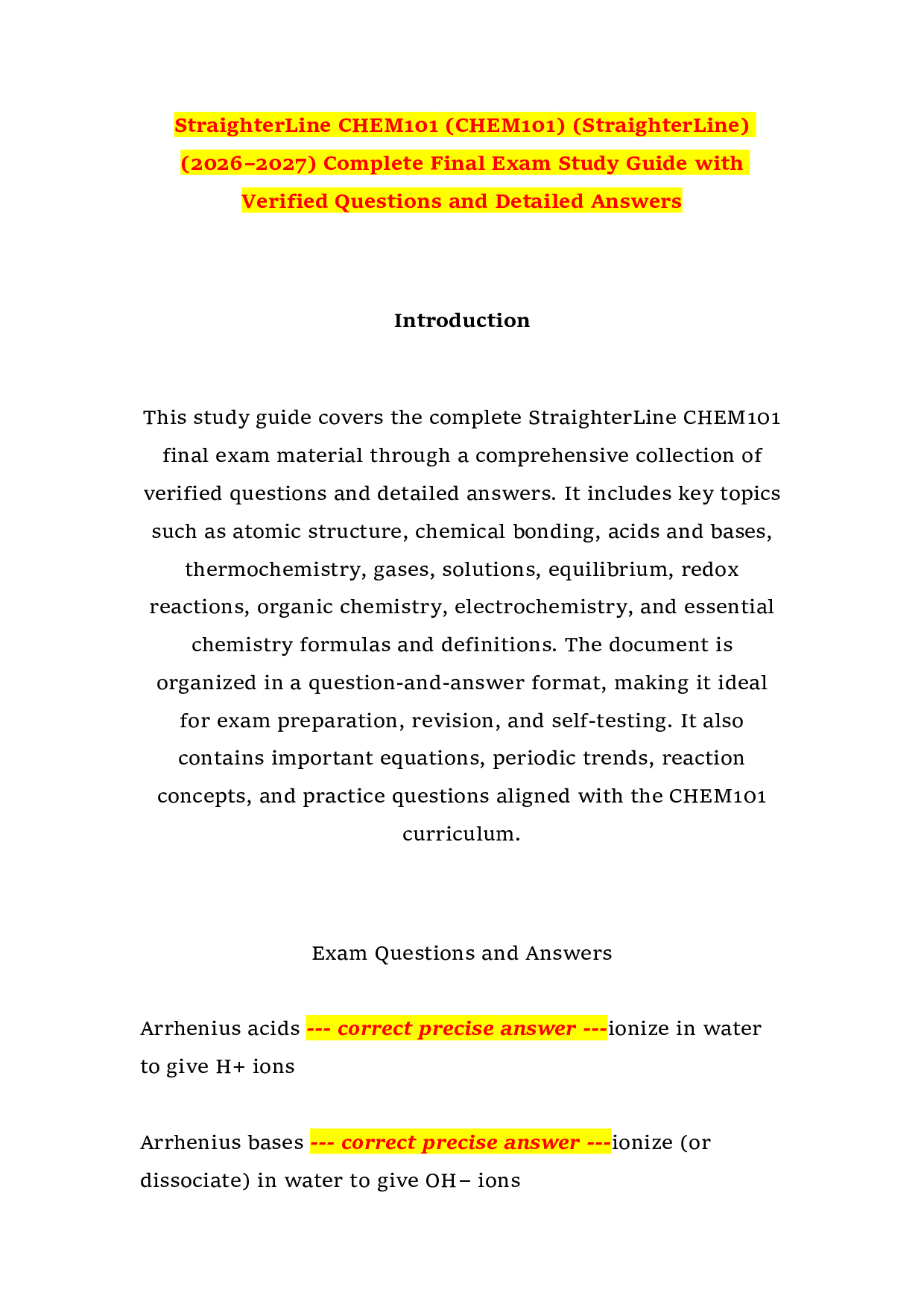 StraighterLine CHEM101 (CHEM101) (StraighterLine) (2026–2027) Complete Final Exam Study Guide with Verified Questions and Detailed Answers