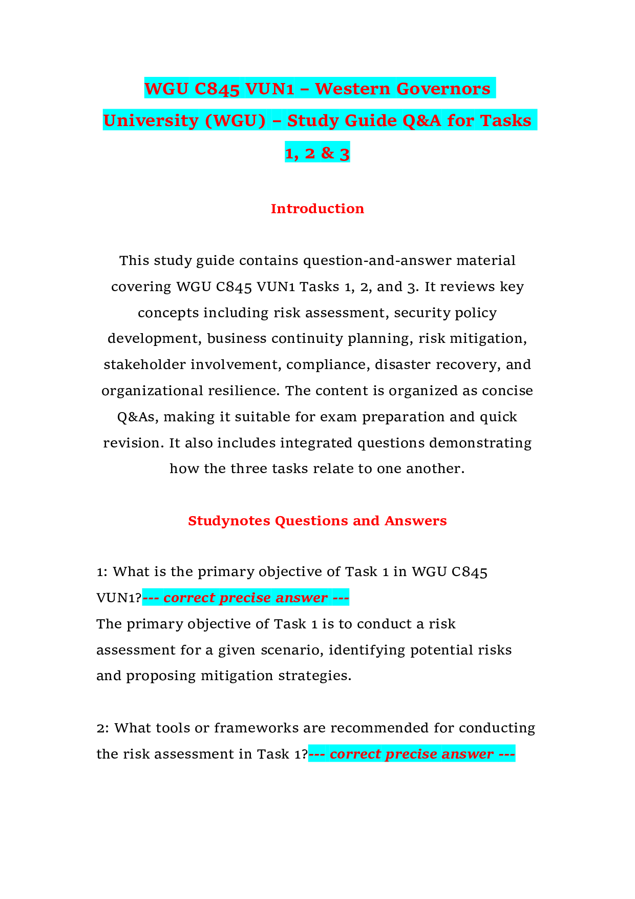 WGU C845 VUN1 – Western Governors University (WGU) – Study Guide Q&A for Tasks 1, 2 & 3