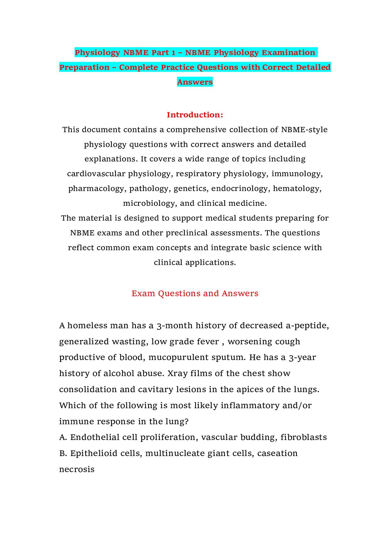 Physiology NBME Part 1 – NBME Physiology Examination Preparation – Complete Practice Questions with Correct Detailed Answers