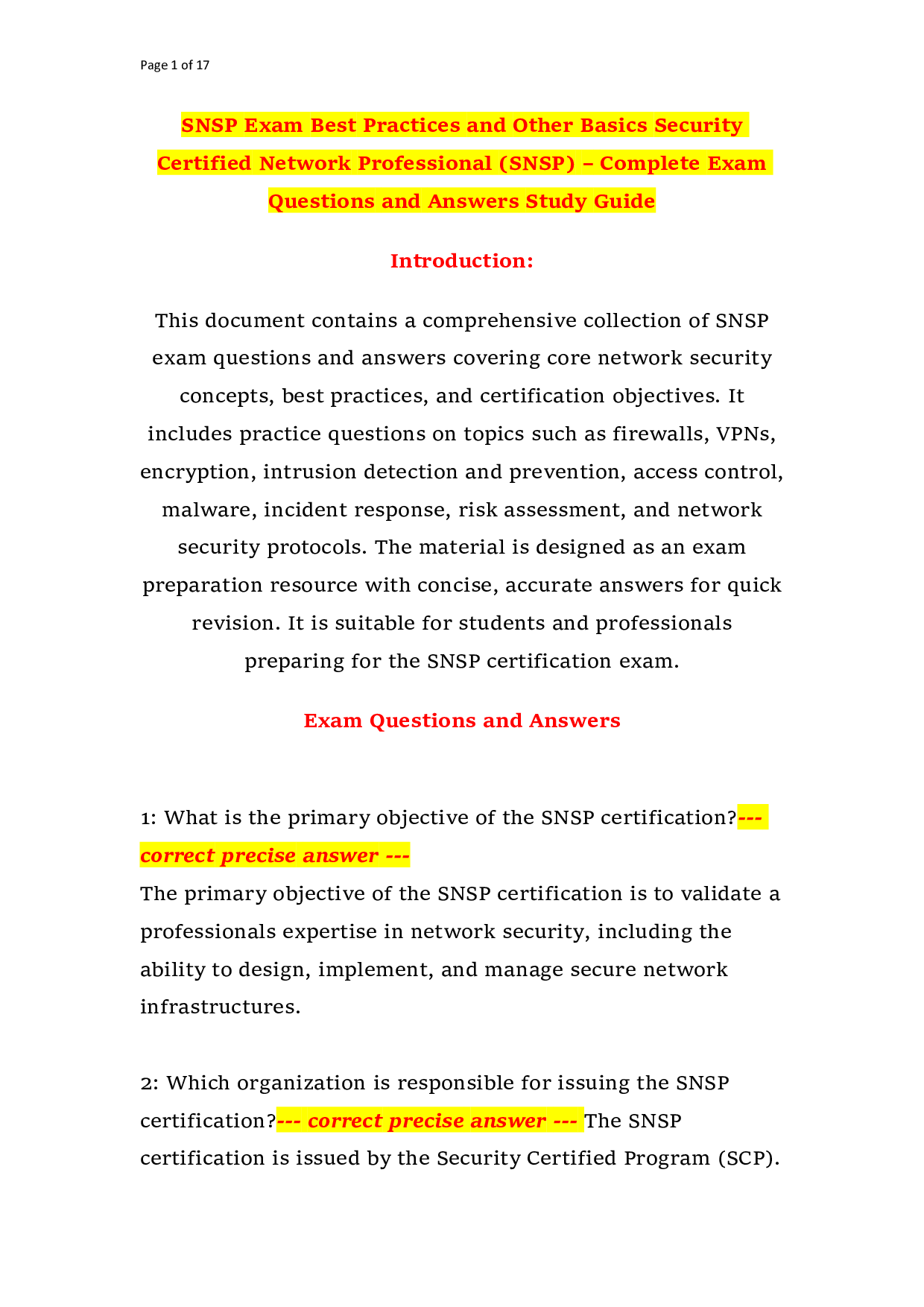 SNSP Exam Best Practices and Other Basics Security Certified Network Professional (SNSP) – Complete Exam Questions and Answers Study Guide