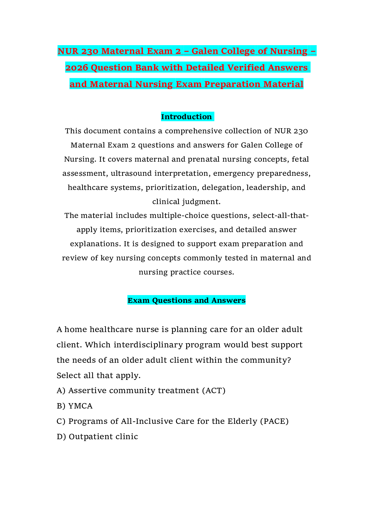 NUR 230 Maternal Exam 2 – Galen College of Nursing – 2026 Question Bank with Detailed Verified Answers and Maternal Nursing Exam Preparation Material