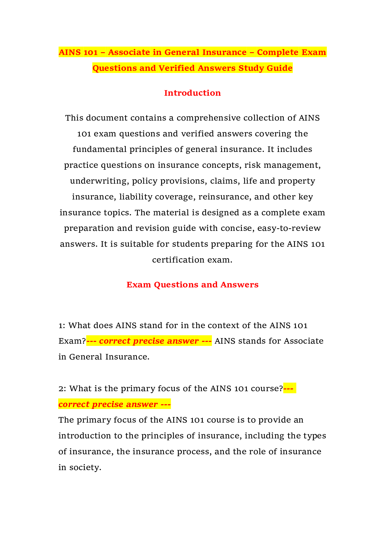 AINS 101 – Associate in General Insurance – Complete Exam Questions and Verified Answers Study Guide