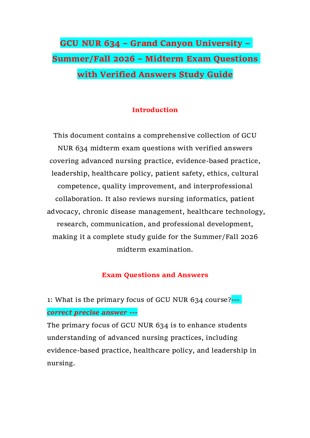 GCU NUR 634 – Grand Canyon University – Summer/Fall 2026 – Midterm Exam Questions with Verified Answers Study Guide