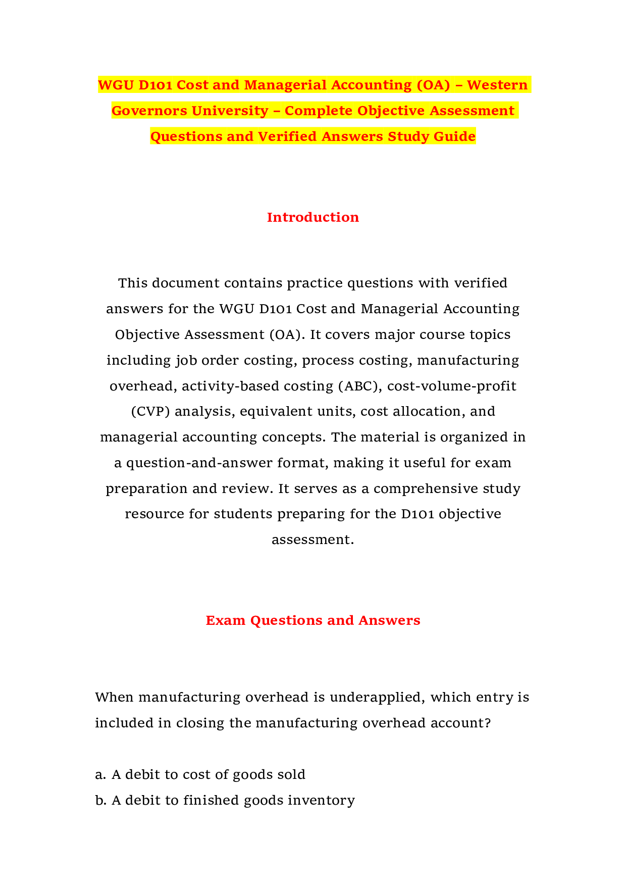 WGU D101 Cost and Managerial Accounting (OA) – Western Governors University – Complete Objective Assessment Questions and Verified Answers Study Guide