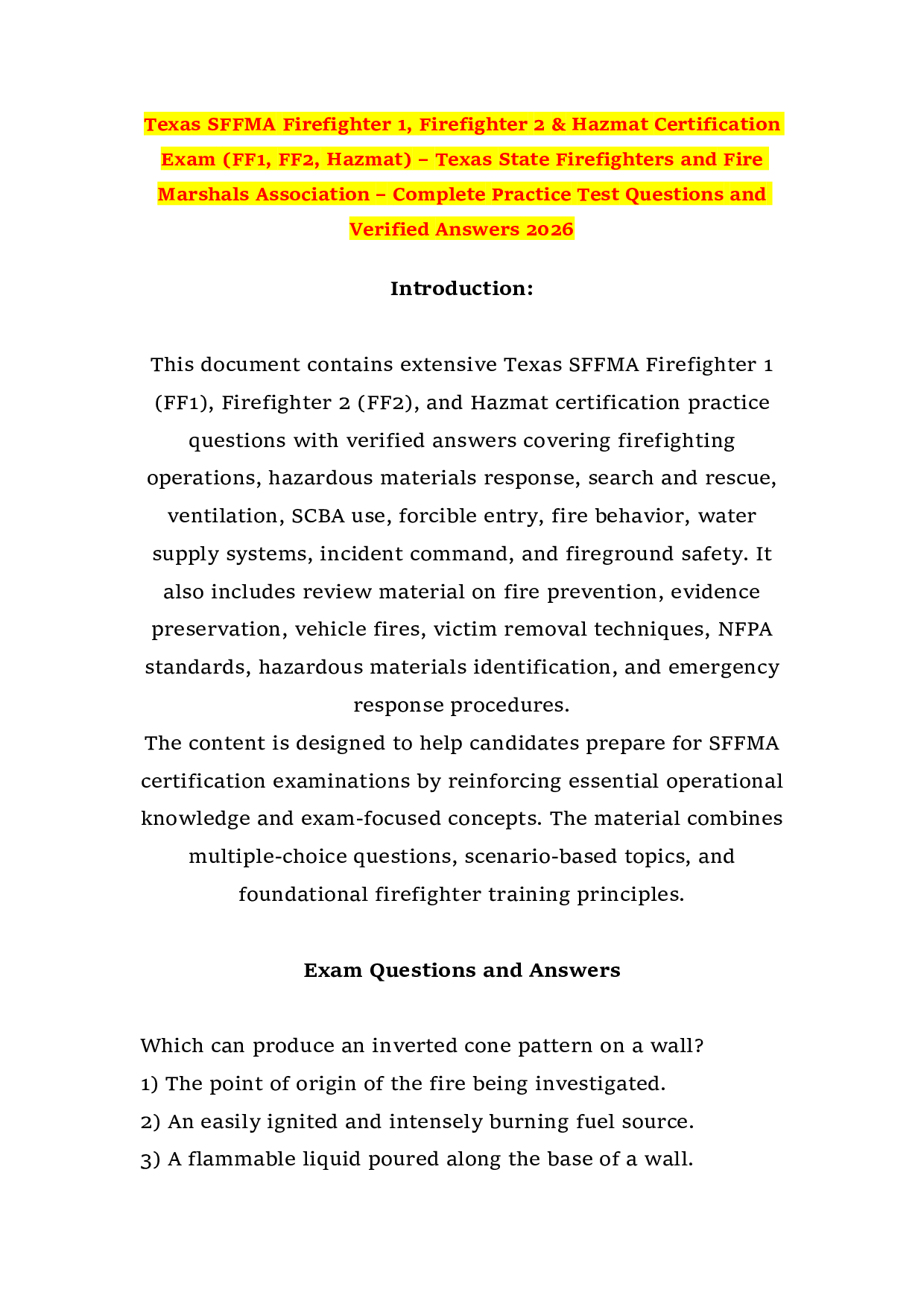 Texas SFFMA Firefighter 1, Firefighter 2 & Hazmat Certification Exam (FF1, FF2, Hazmat)
