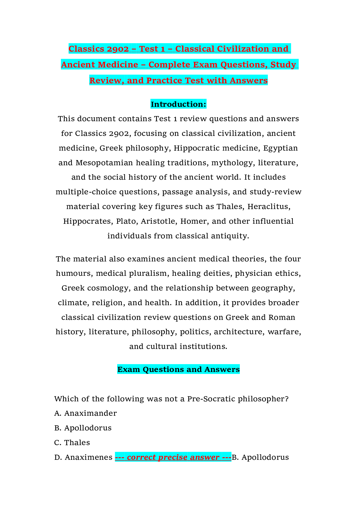 Classics 2902 – Test 1 – Classical Civilization and Ancient Medicine – Complete Exam Questions, Study Review, and Practice Test with Answers