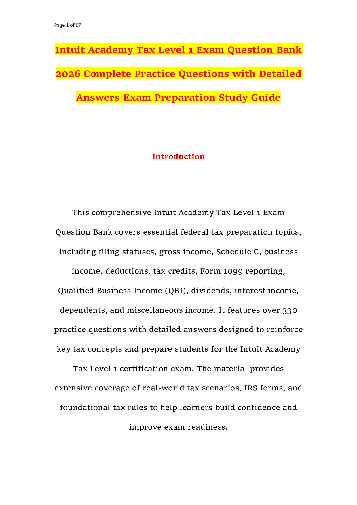 Intuit Academy Tax Level 1 Exam Question Bank 2026 Complete Practice Questions with Detailed Answers Exam Preparation Study Guide