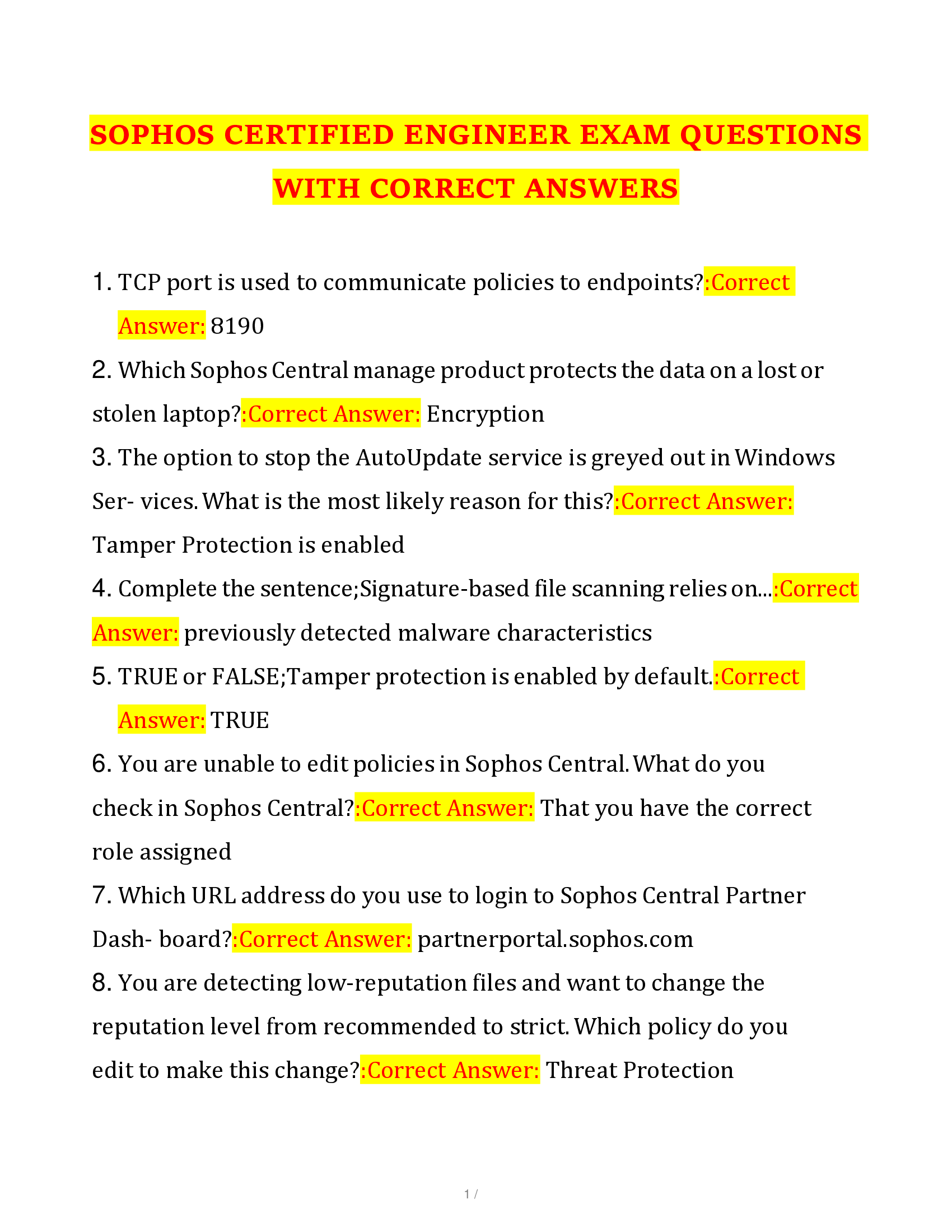 SOPHOS CERTIFIED ENGINEER EXAM QUESTIONS WITH CORRECT ANSWERS