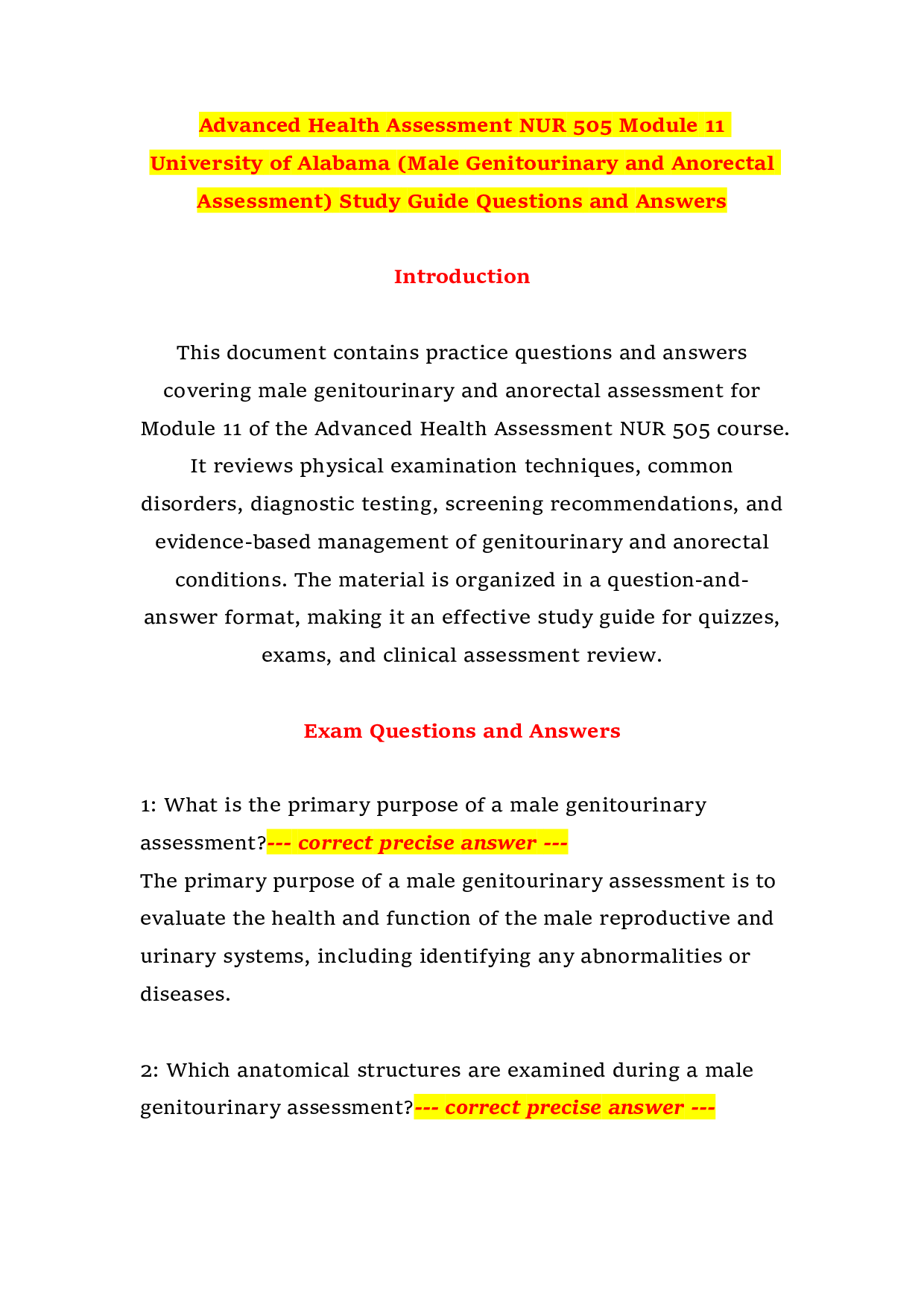 Advanced Health Assessment NUR 505 Module 11 University of Alabama (Male Genitourinary and Anorectal Assessment) Study Guide Questions and Answers