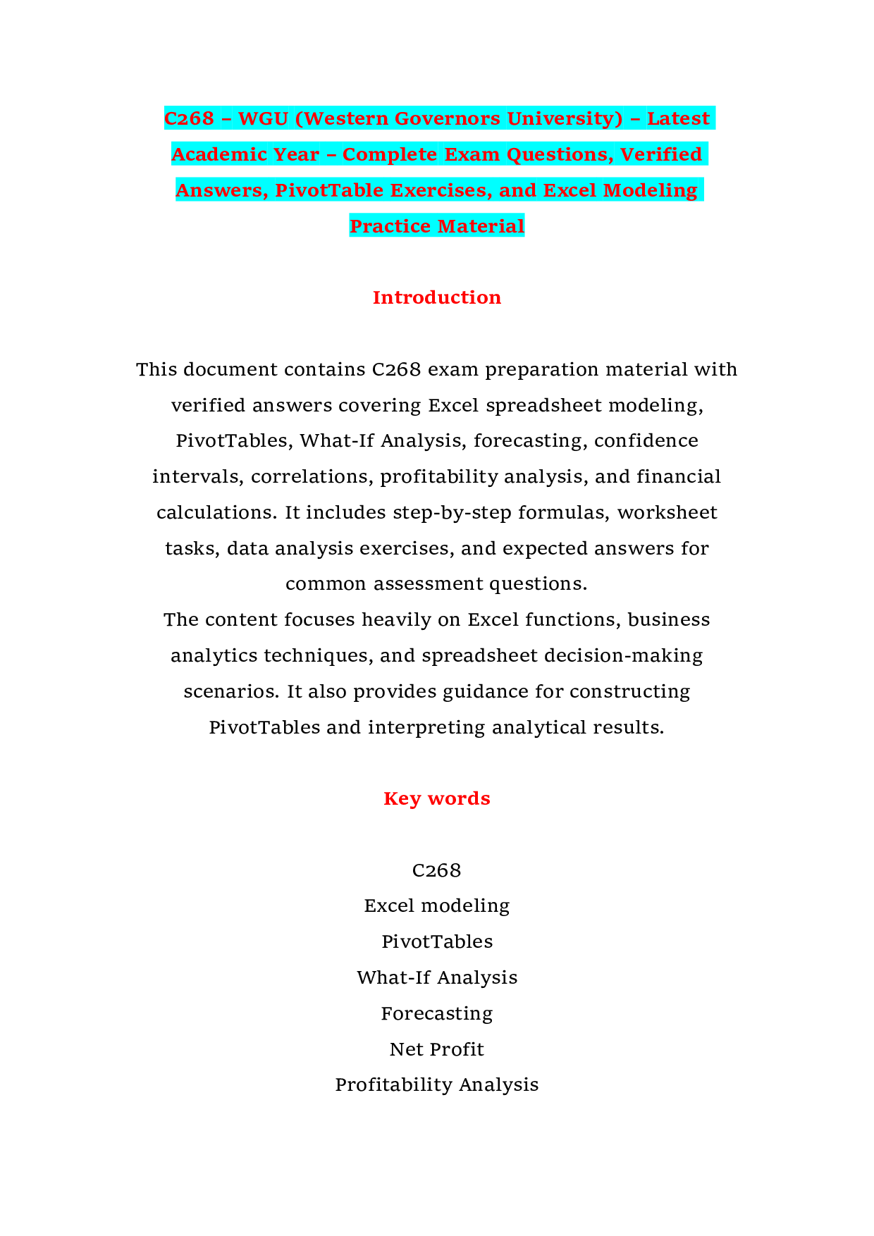 C268 – WGU (Western Governors University) – Latest Academic Year – Complete Exam Questions, Verified Answers, PivotTable Exercises, and Excel Modeling Practice Material