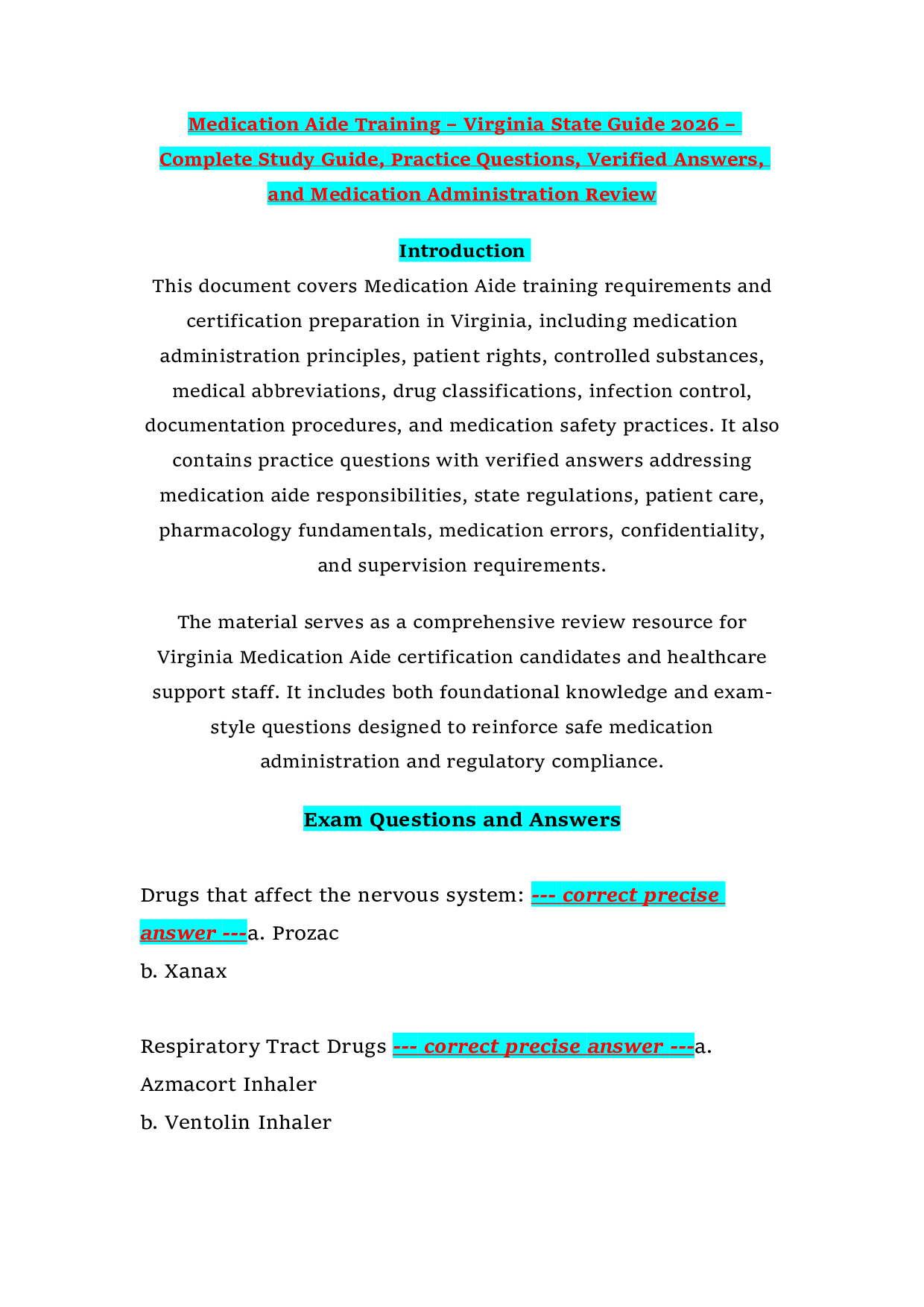 Medication Aide Training – Virginia State Guide 2026 – Complete Study Guide, Practice Questions, Verified Answers, and Medication Administration Review