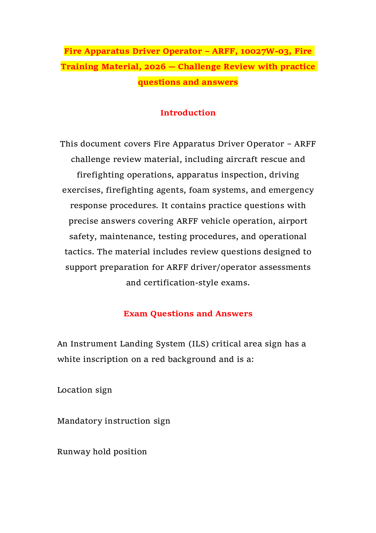 Fire Apparatus Driver Operator – ARFF, 10027W-03, Fire Training Material, 2026 — Challenge Review with practice questions and answers