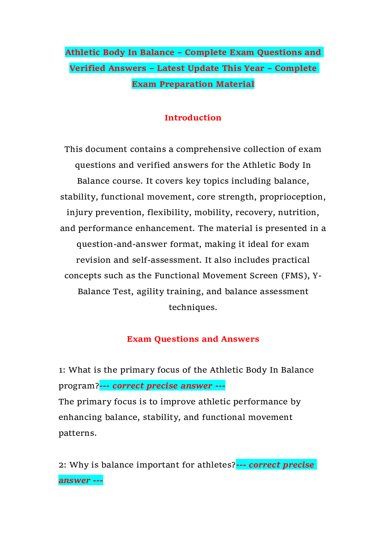 Athletic Body In Balance – Complete Exam Questions and Verified Answers – Latest Update This Year – Complete Exam Preparation Material