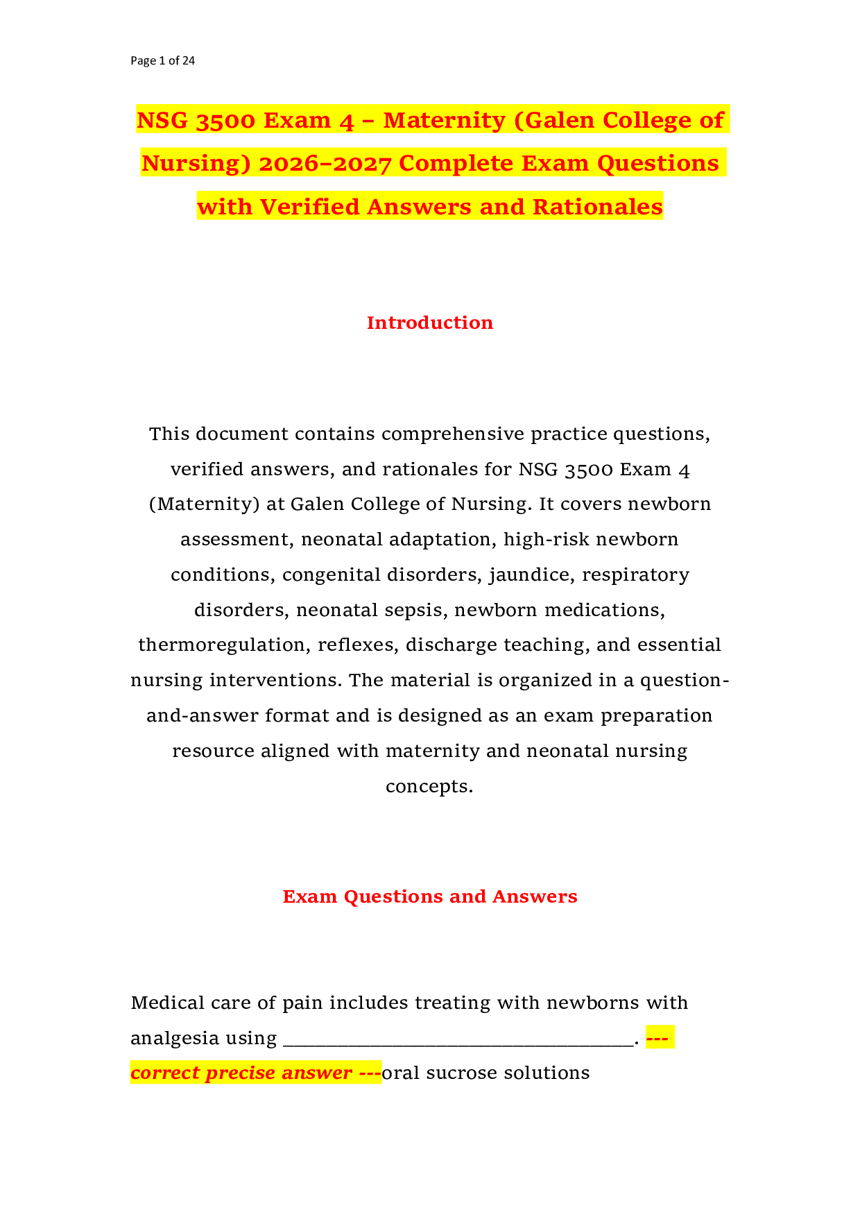 NSG 3500 Exam 4 – Maternity (Galen College of Nursing) 2026–2027 Complete Exam Questions with Verified Answers and Rationales
