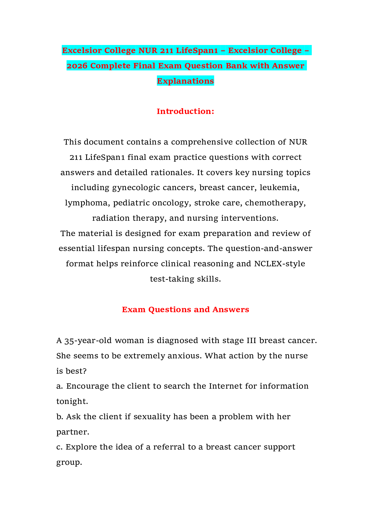 Excelsior College NUR 211 LifeSpan1 – Excelsior College – 2026 Complete Final Exam Question Bank with Answer Explanations