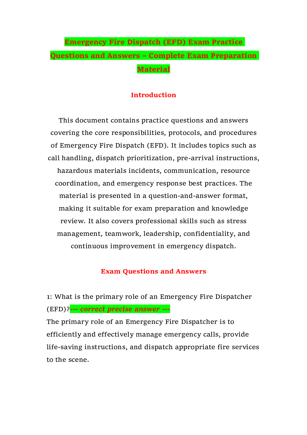 Emergency Fire Dispatch (EFD) Exam Practice Questions and Answers – Complete Exam Preparation Material