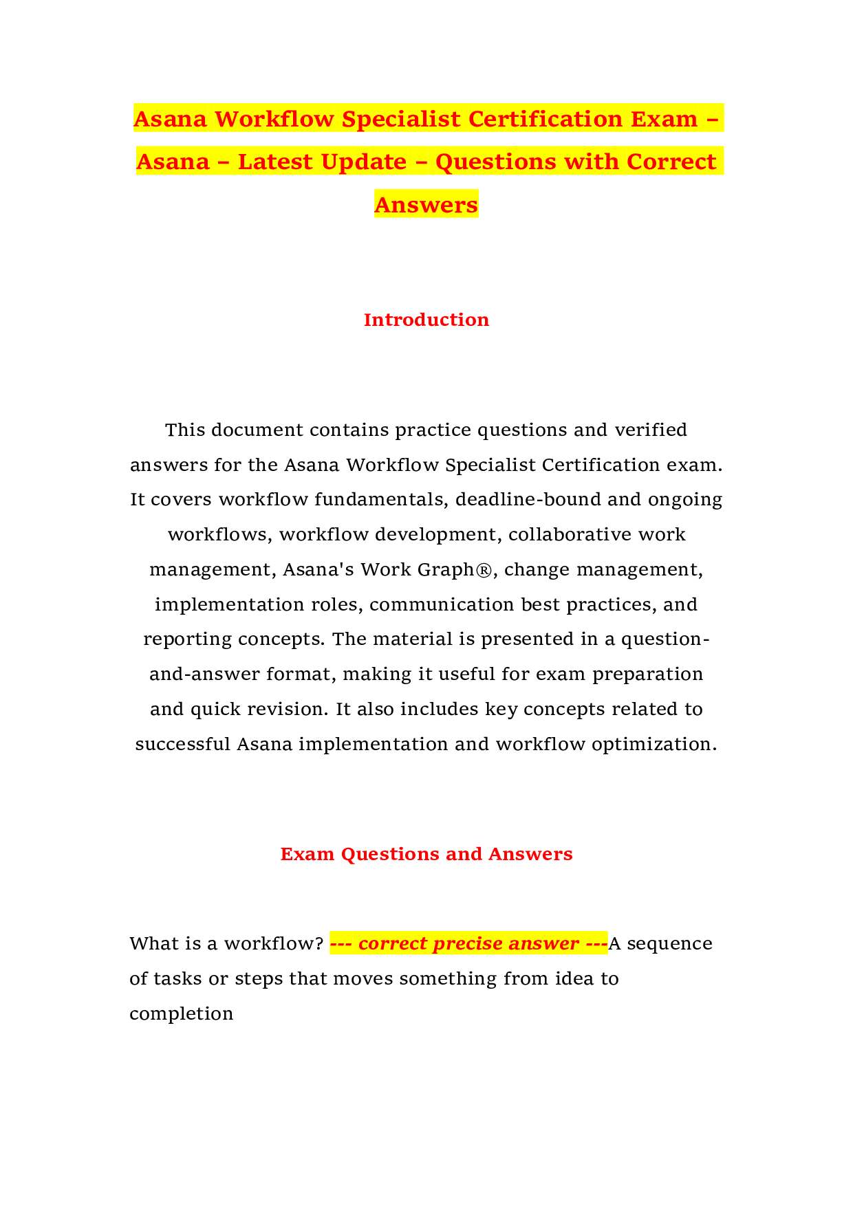 Asana Workflow Specialist Certification Exam Questions with Correct Answers Latest Update