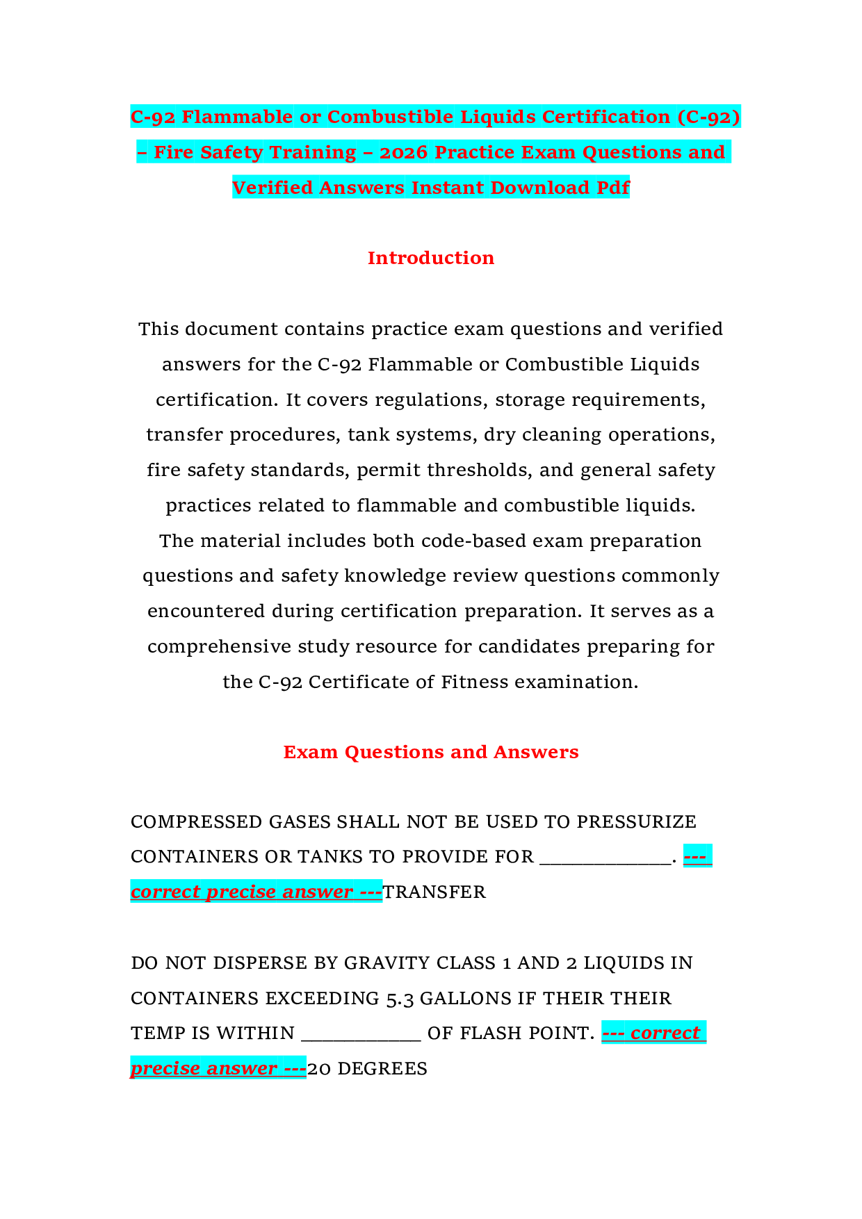 C-92 Flammable or Combustible Liquids Certification (C-92) – Fire Safety Training – 2026 Practice Exam Questions and Verified Answers Instant Download Pdf