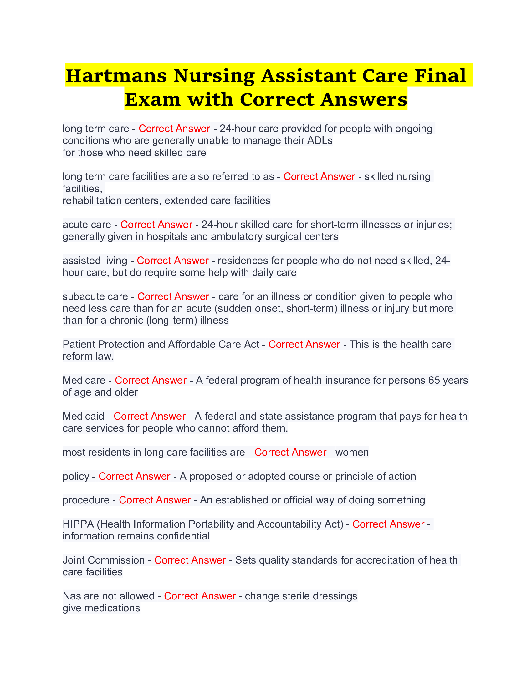 Hartmans Nursing Assistant Care Final Exam with Correct Answers