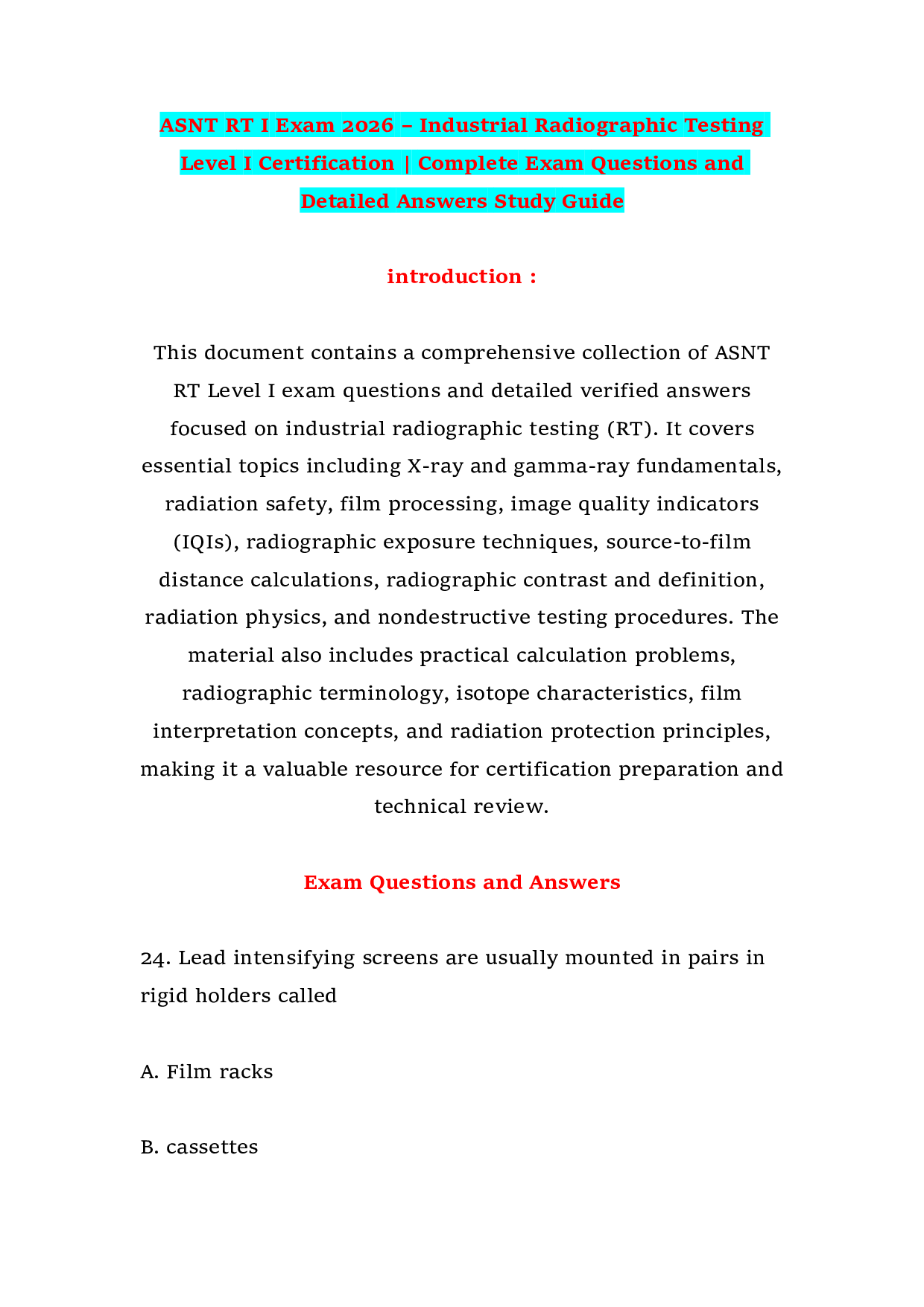 ASNT RT I Exam 2026 – Industrial Radiographic Testing Level I Certification | Complete Exam Questions and Detailed Answers Study Guide