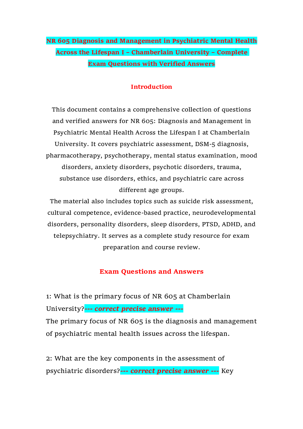 NR 605 Diagnosis and Management in Psychiatric Mental Health Across the Lifespan I – Chamberlain University – Complete Exam Questions with Verified Answers