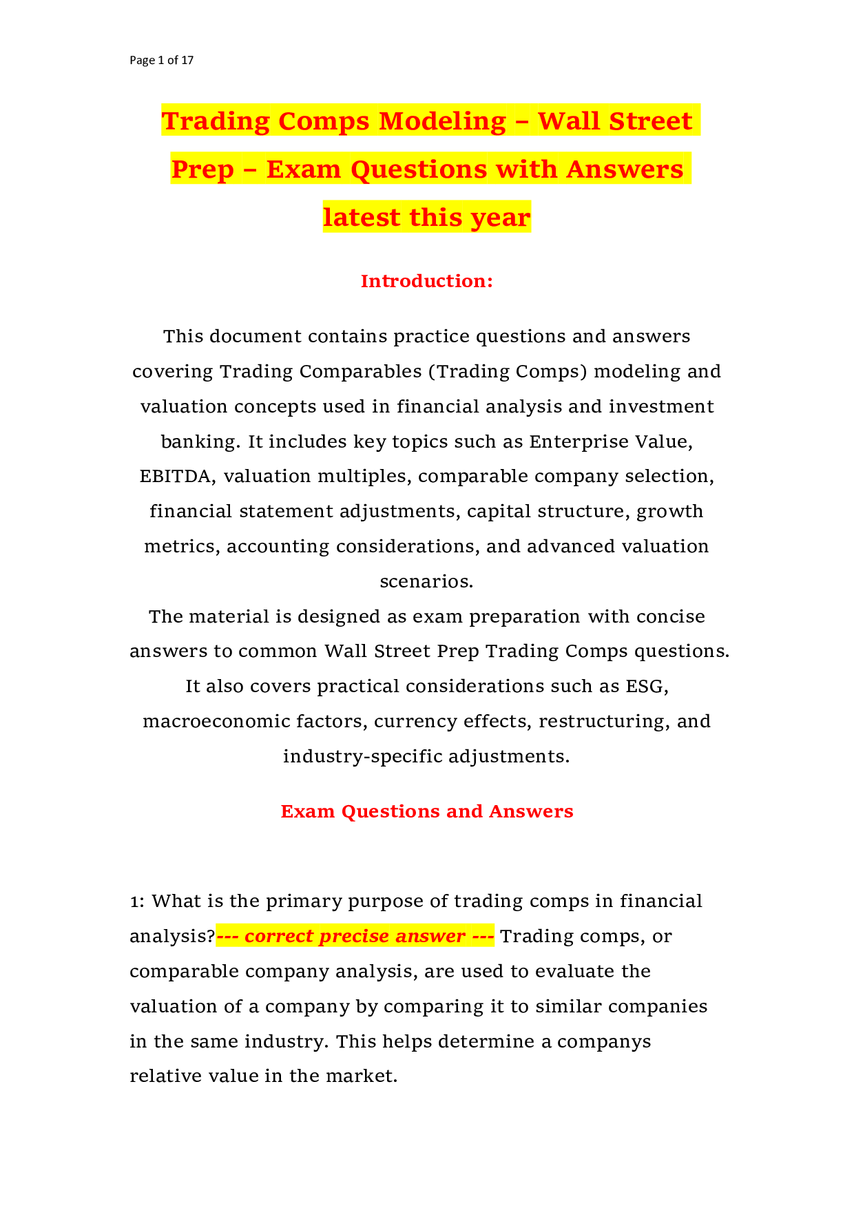 Trading Comps Modeling – Wall Street Prep – Exam Questions with Answers latest this year