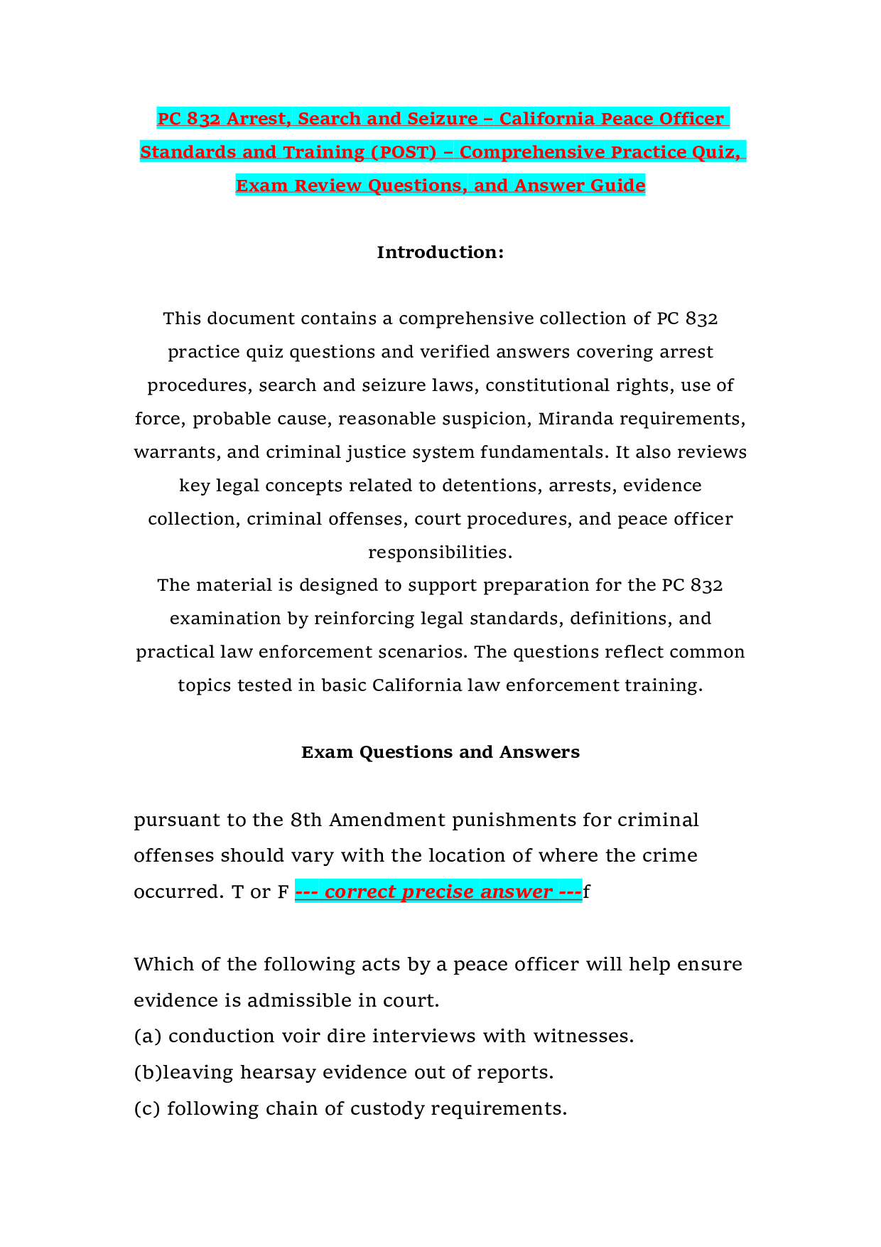 PC 832 Arrest, Search and Seizure – California Peace Officer Standards and Training (POST) – Comprehensive Practice Quiz, Exam Review Questions, and Answer Guide