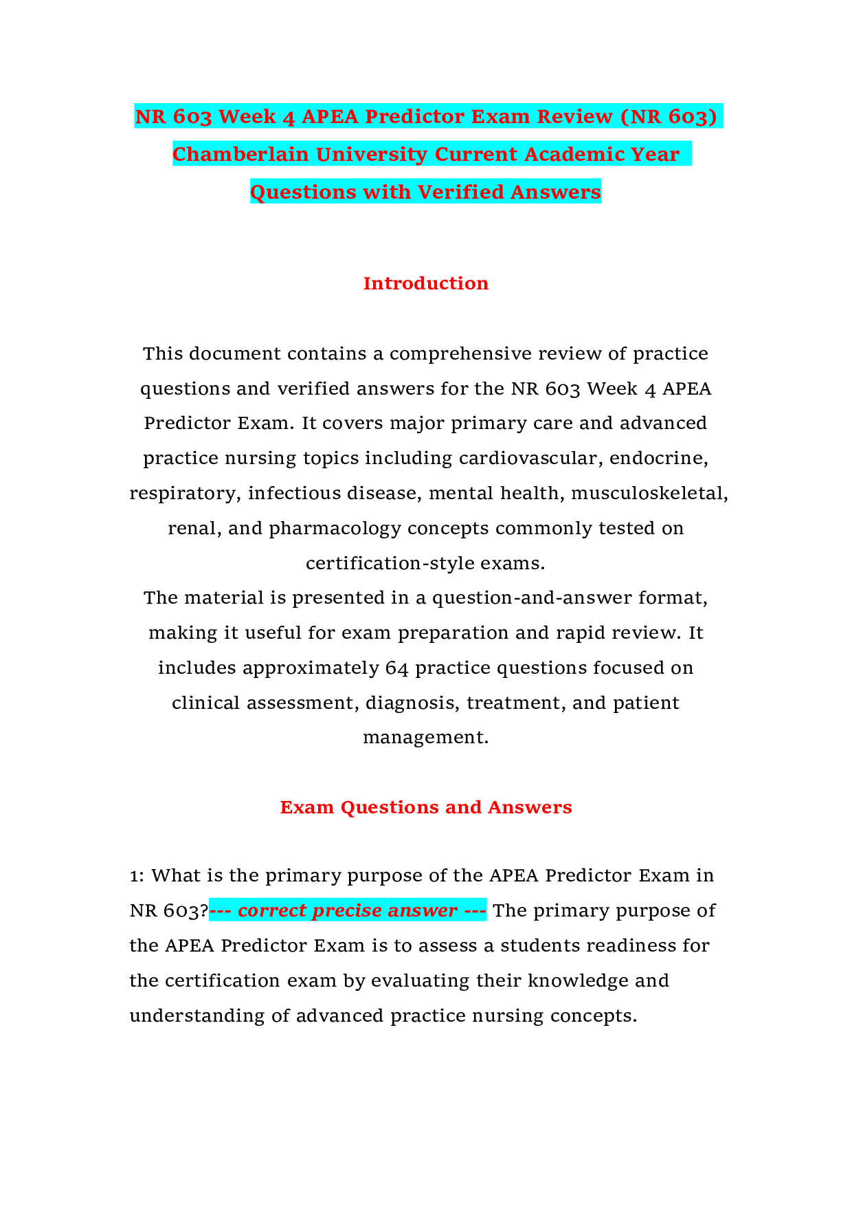 NR 603 Week 4 APEA Predictor Exam Review (NR 603) Chamberlain University Current Academic Year  Questions with Verified Answers
