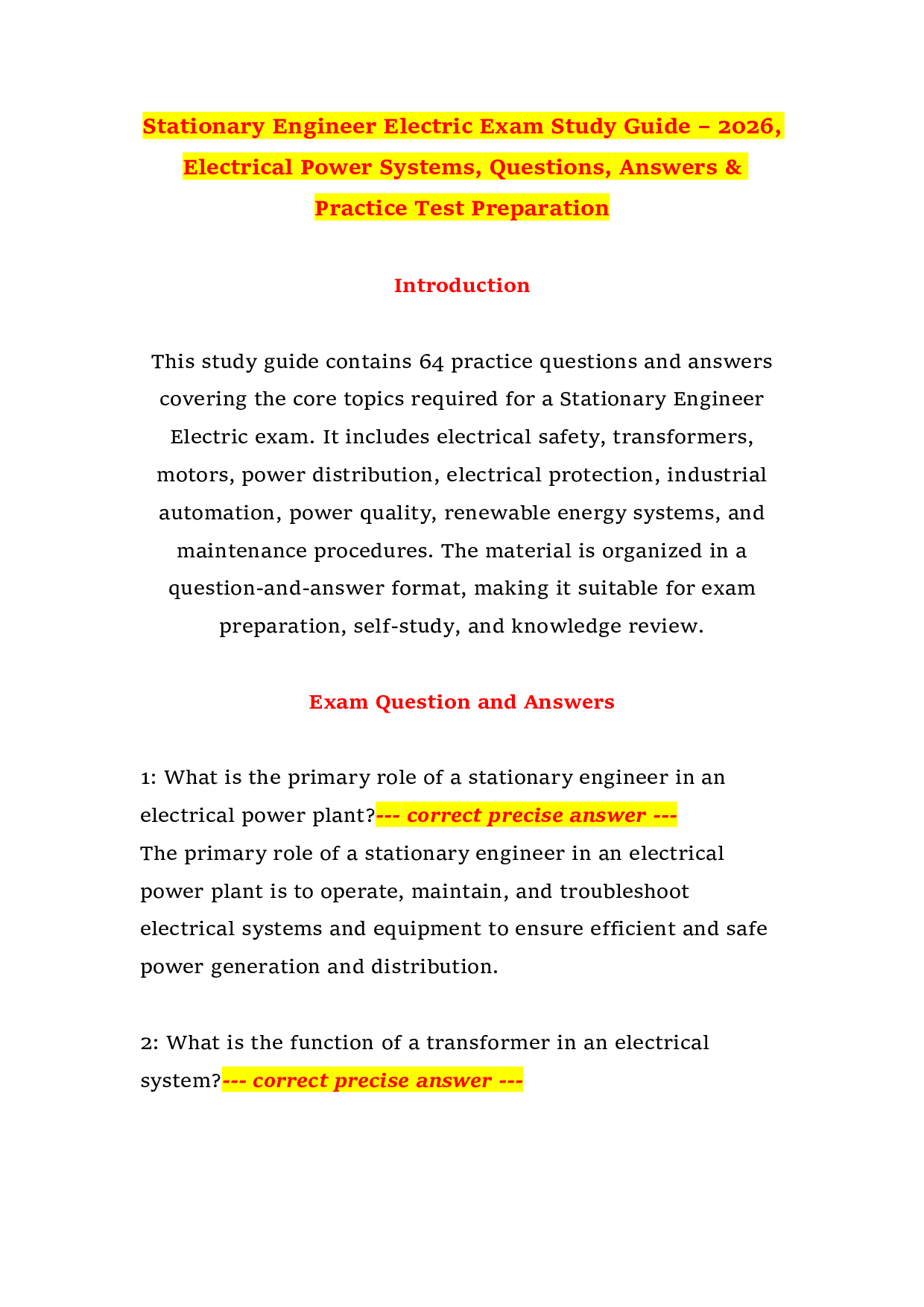 Stationary Engineer Electric Exam Study Guide – 2026, Electrical Power Systems, Questions, Answers & Practice Test Preparation