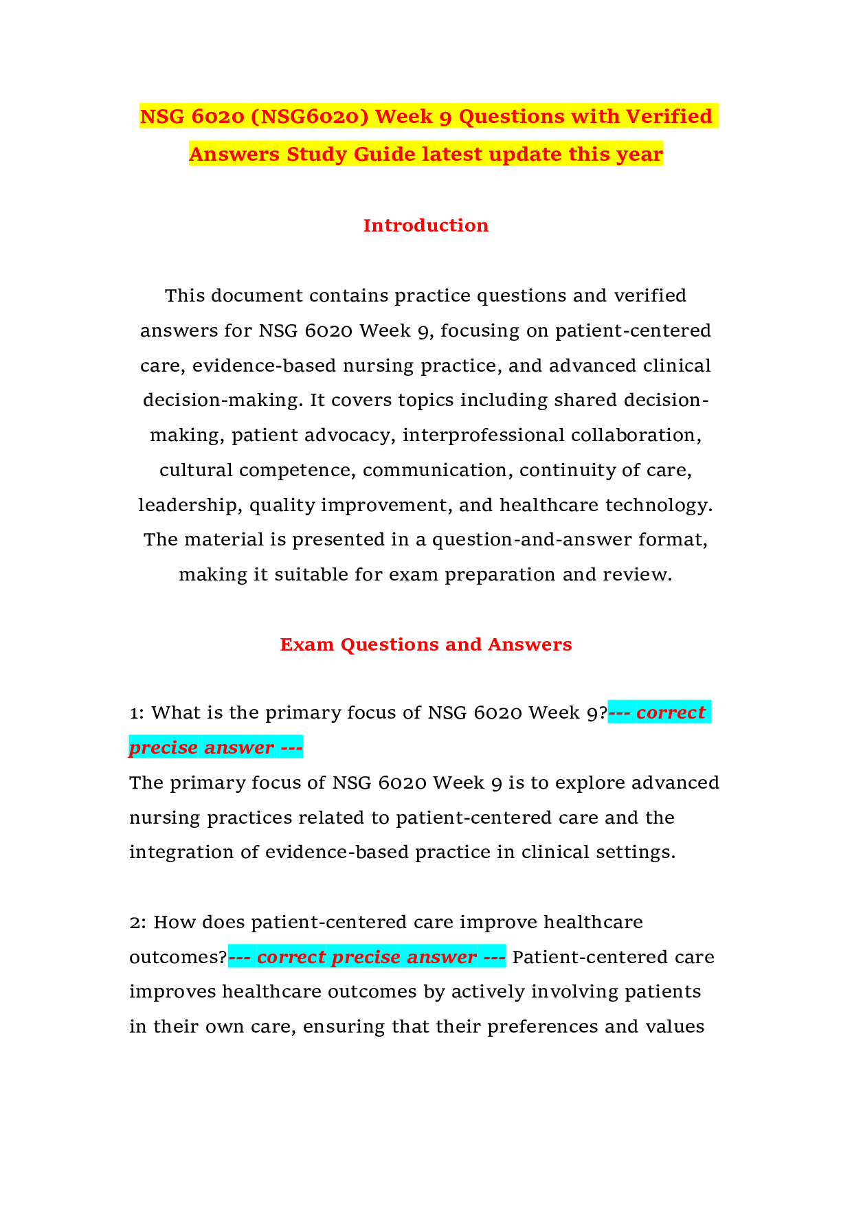 NSG 6020 (NSG6020) Week 9 Questions with Verified Answers Study Guide latest update this year