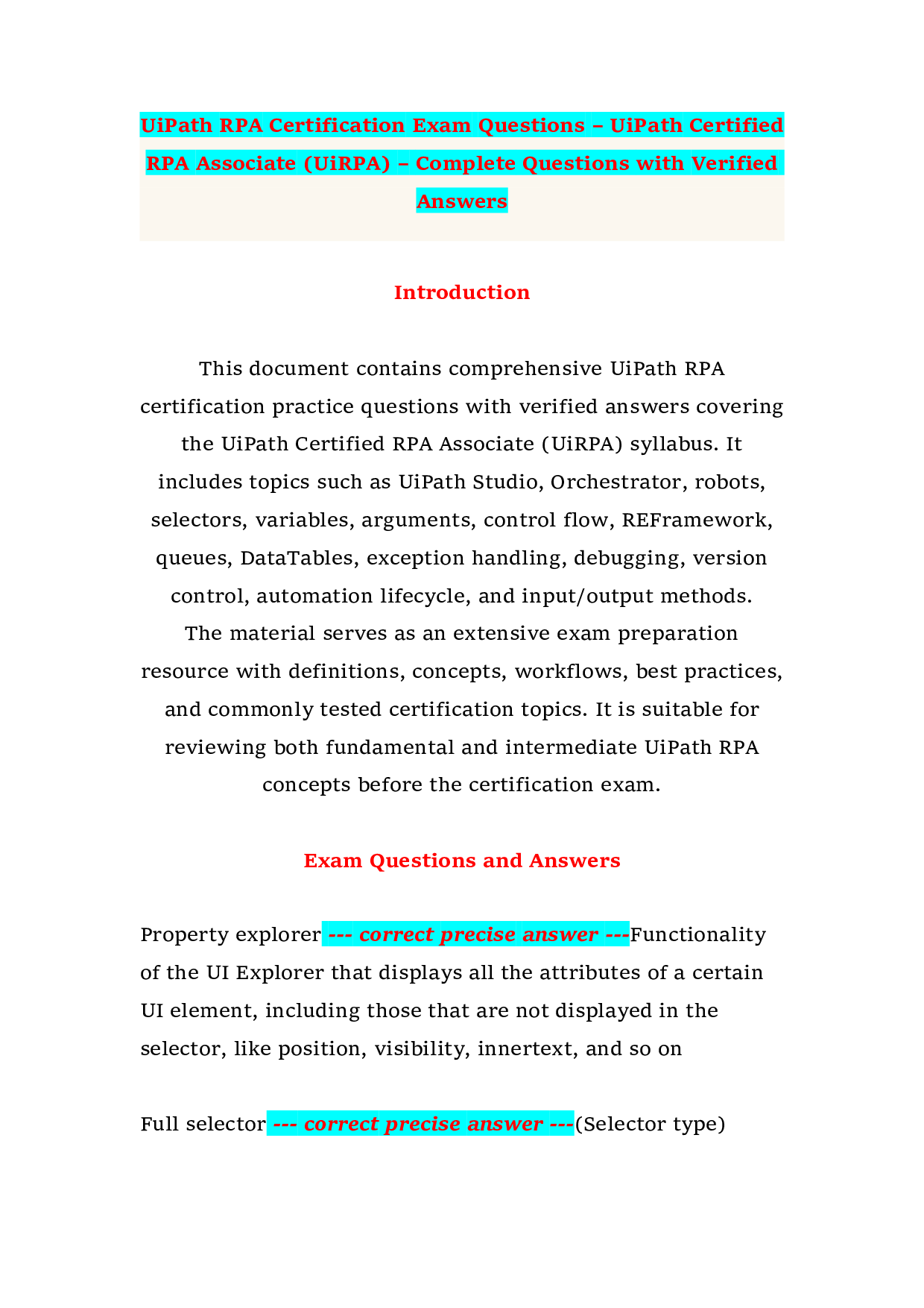 UiPath RPA Certification Exam Questions – UiPath Certified RPA Associate (UiRPA) – Complete Questions with Verified Answers