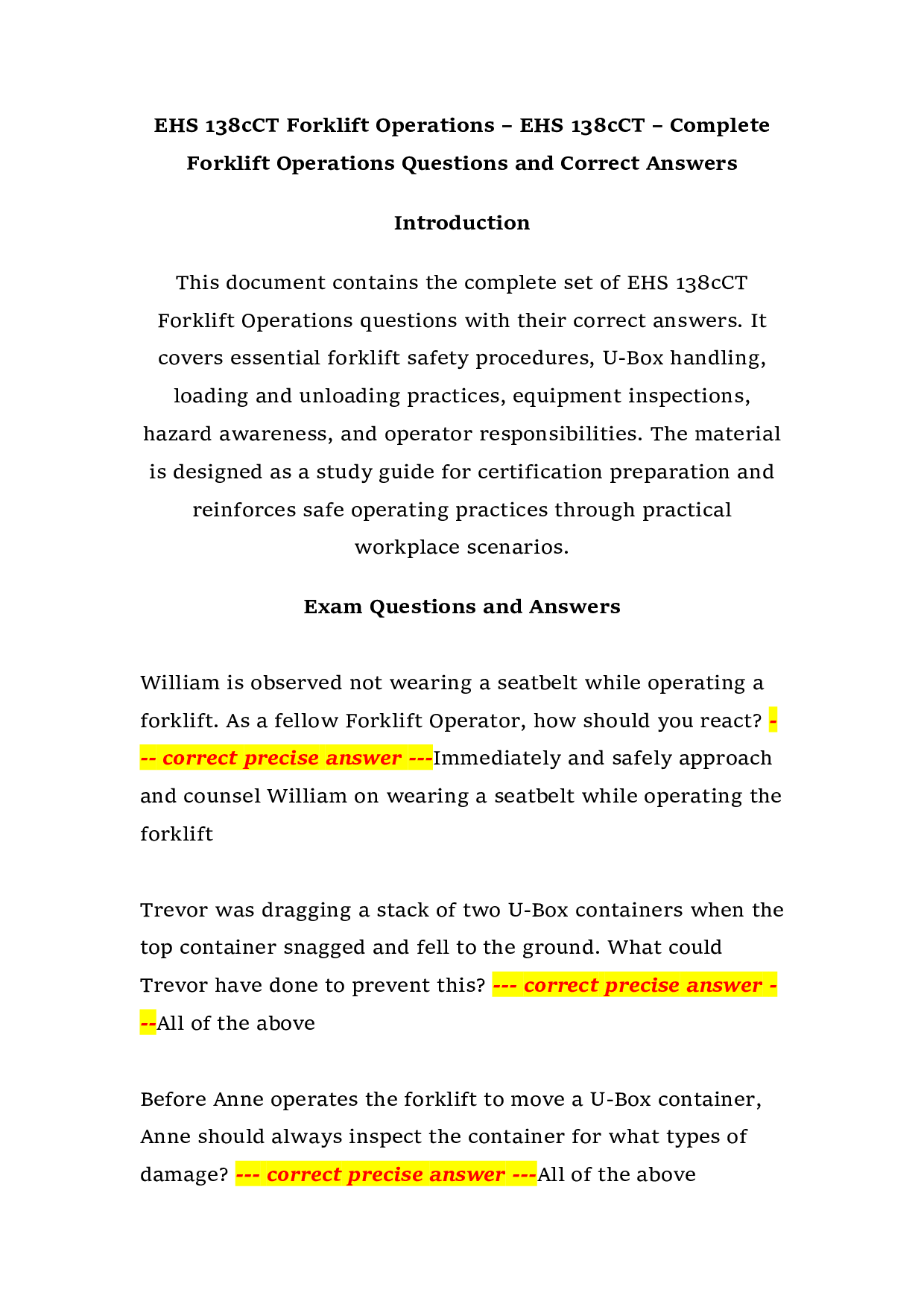 EHS 138cCT Forklift Operations – EHS 138cCT – Complete Forklift Operations Questions and Correct Answers