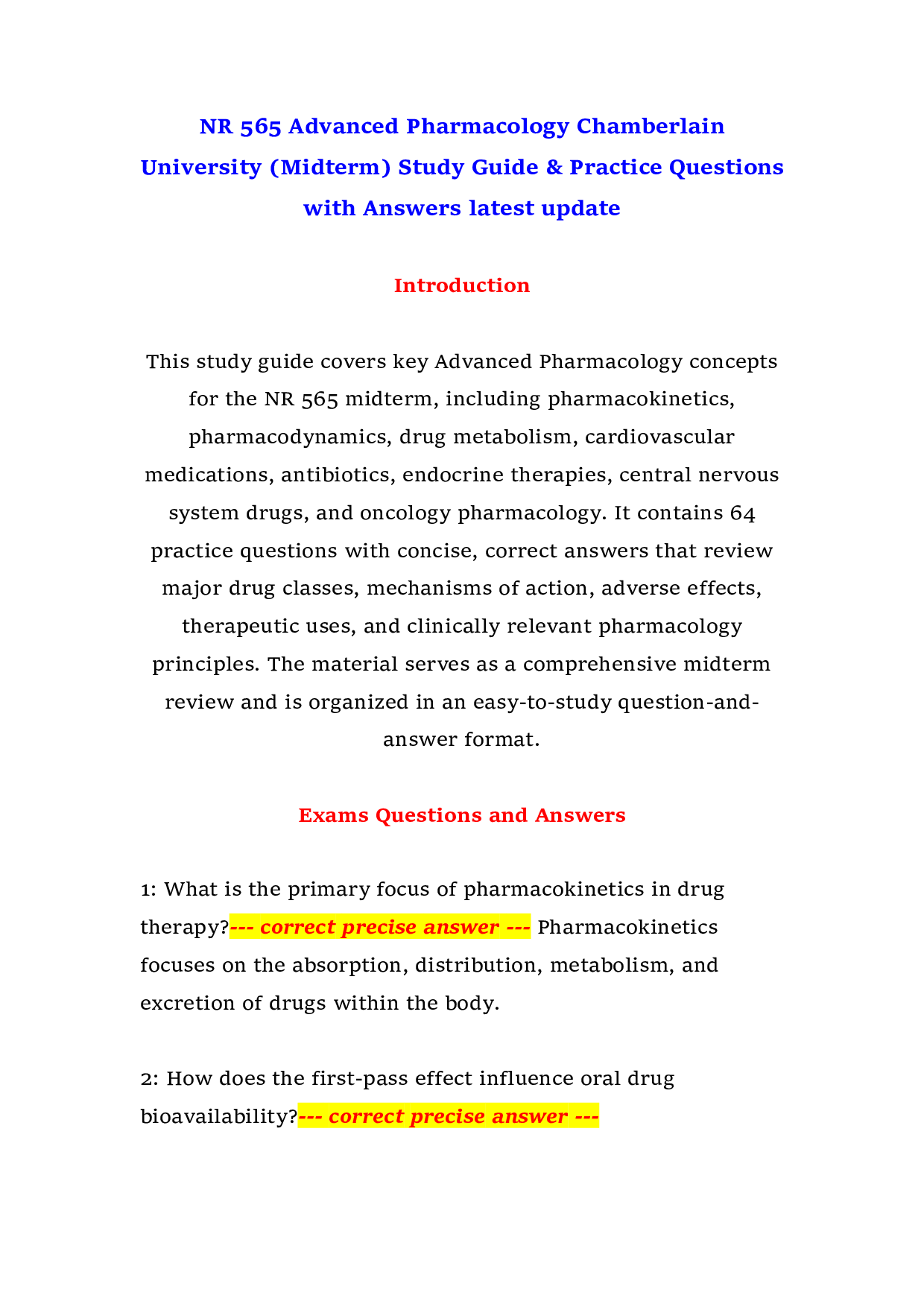 NR 565 Advanced Pharmacology Chamberlain University (Midterm) Study Guide & Practice Questions with Answers latest update