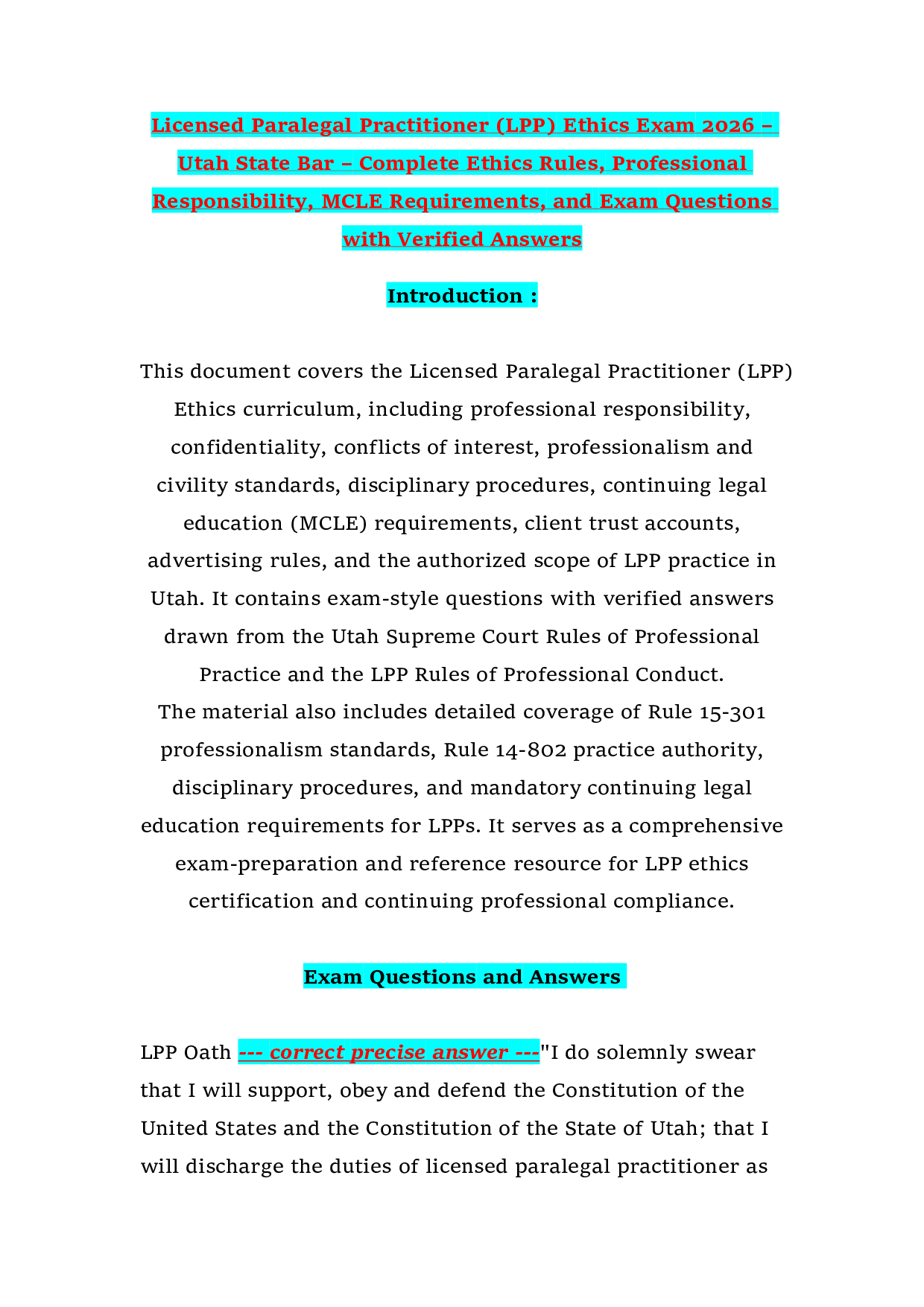 Licensed Paralegal Practitioner (LPP) Ethics Exam 2026 – Utah State Bar – Complete Ethics Rules, Professional Responsibility, MCLE Requirements, and Exam Questions with Verified Answers