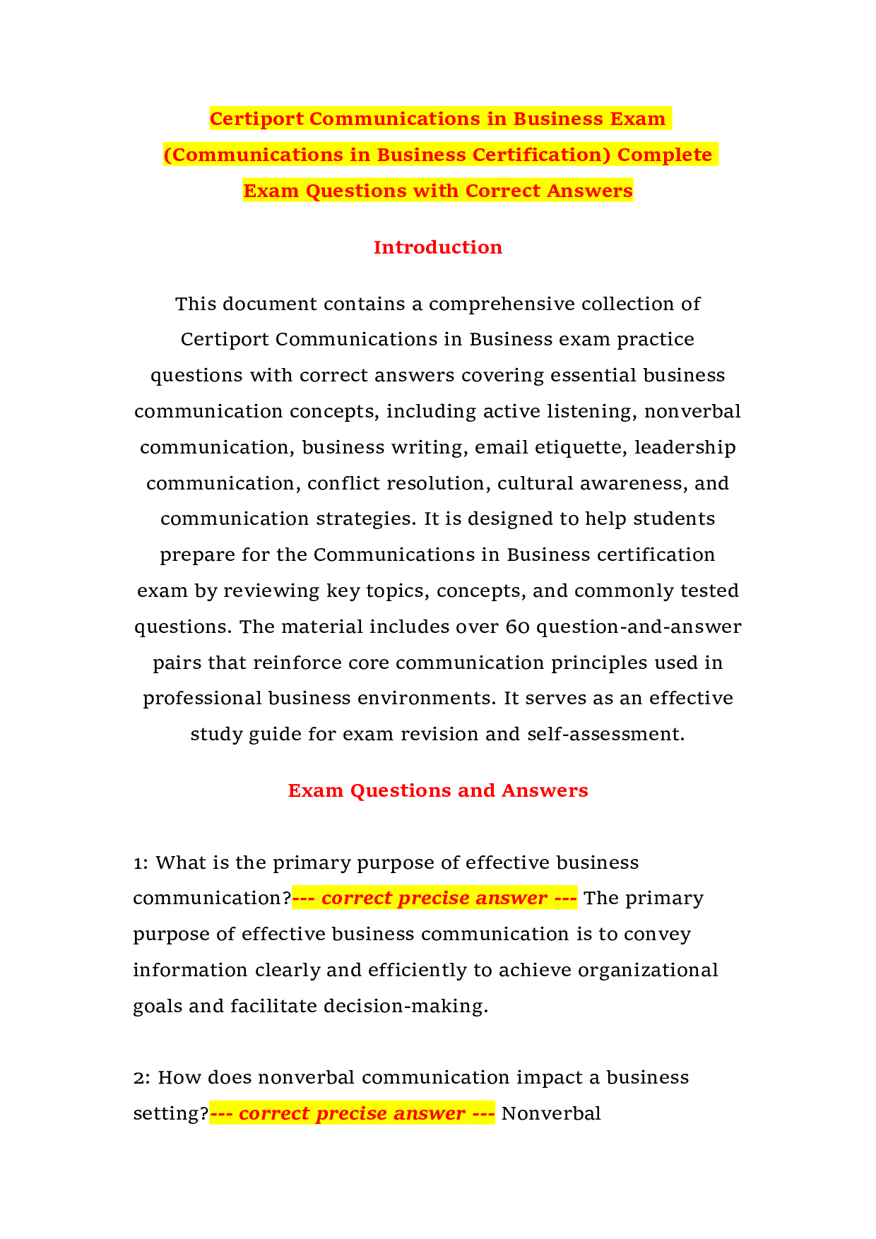 Certiport Communications in Business Exam (Communications in Business Certification) Complete Exam Questions with Correct Answers