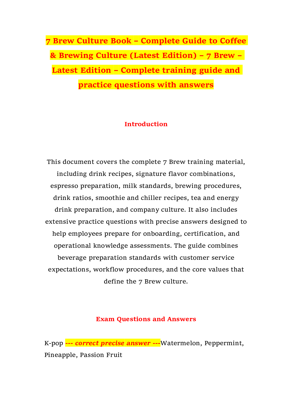 7 Brew Culture Book – Complete Guide to Coffee & Brewing Culture (Latest Edition) – 7 Brew – Latest Edition – Complete training guide and practice questions with answers