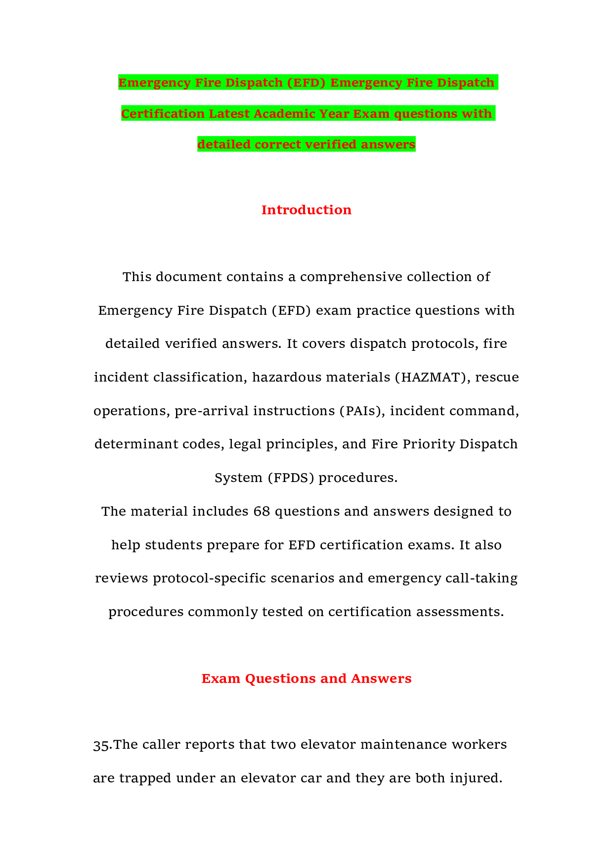 Emergency Fire Dispatch (EFD) Emergency Fire Dispatch Certification Latest Academic Year Exam questions with detailed correct verified answers